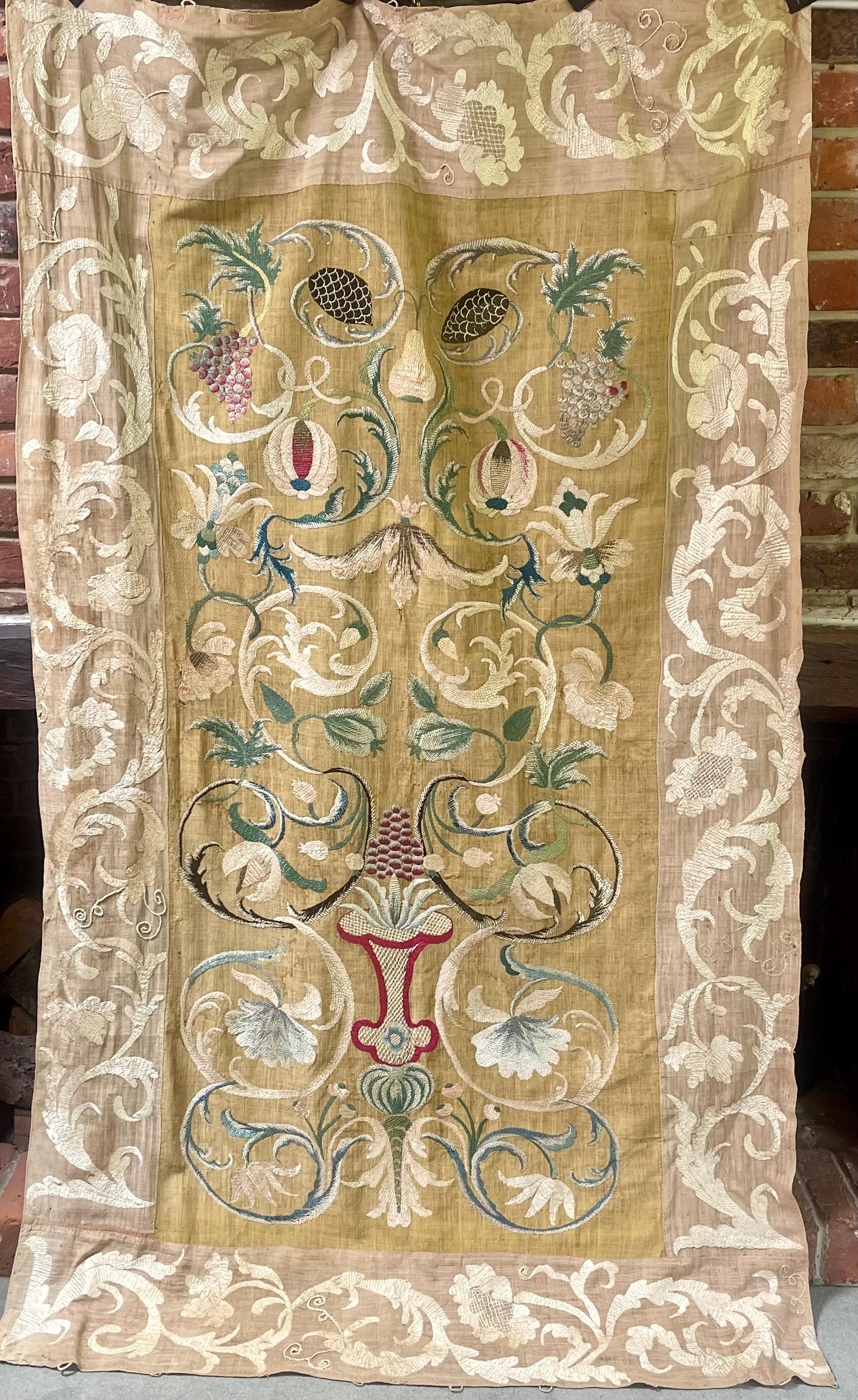are and exquisite Castelo Branco Embroidered Panel

Most likely originally intended as a Colcha (Marriage Coverlet)

Portuguese and dating from circa 1700

Silk embroidery upon a Orche linen ground,  loosely backed with hand loomed cotton. This