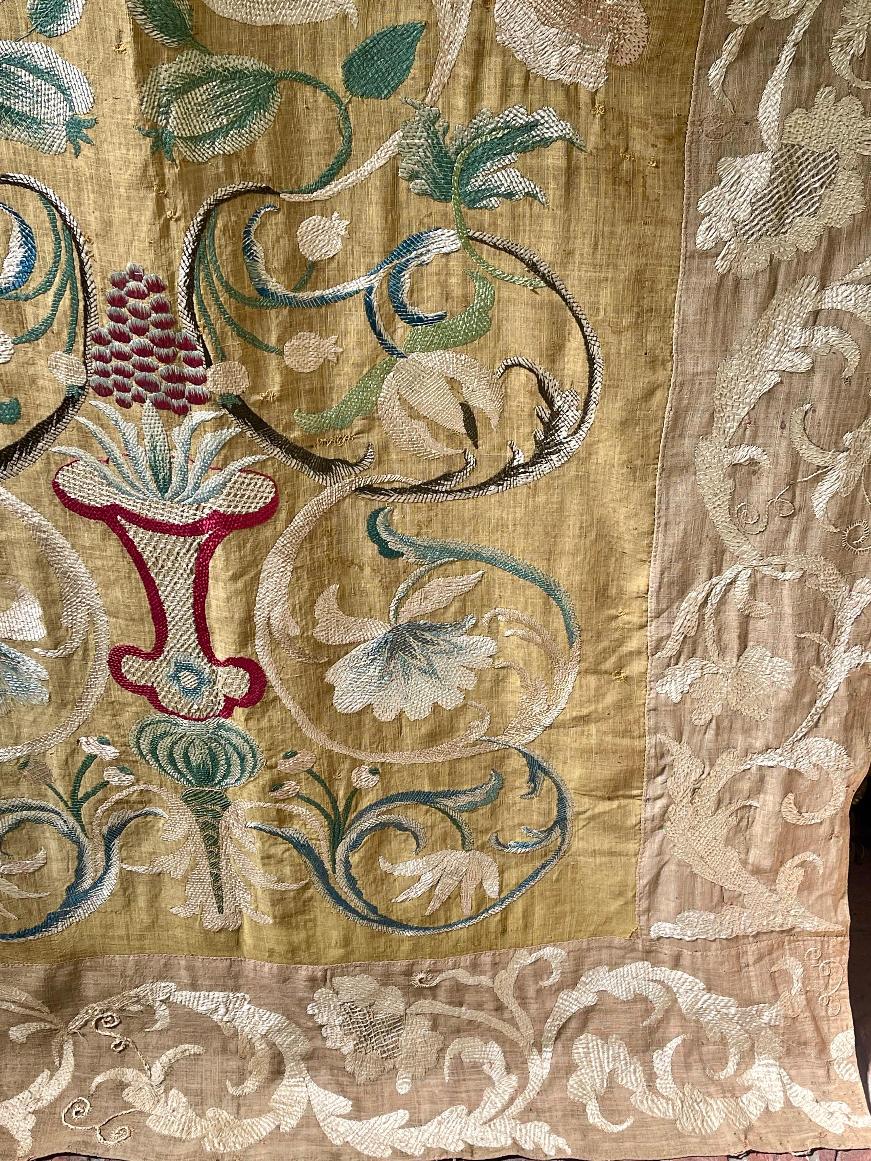 Linen Portuguese Castelo Branco Embroidered Wedding Coverlet For Sale