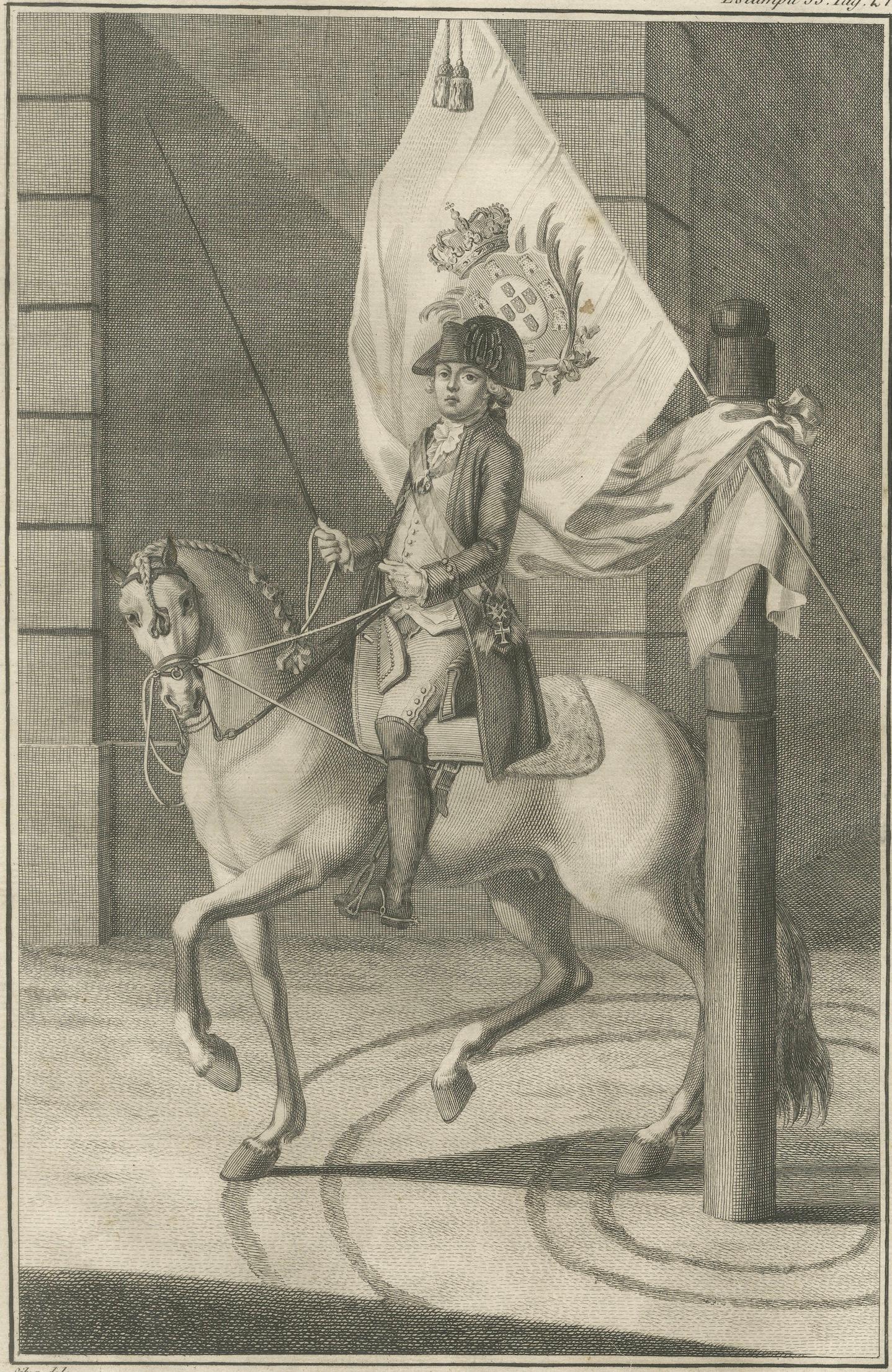 Portuguese Cavalry Officer with Royal Standard — Equestrian Engraving, 1790
