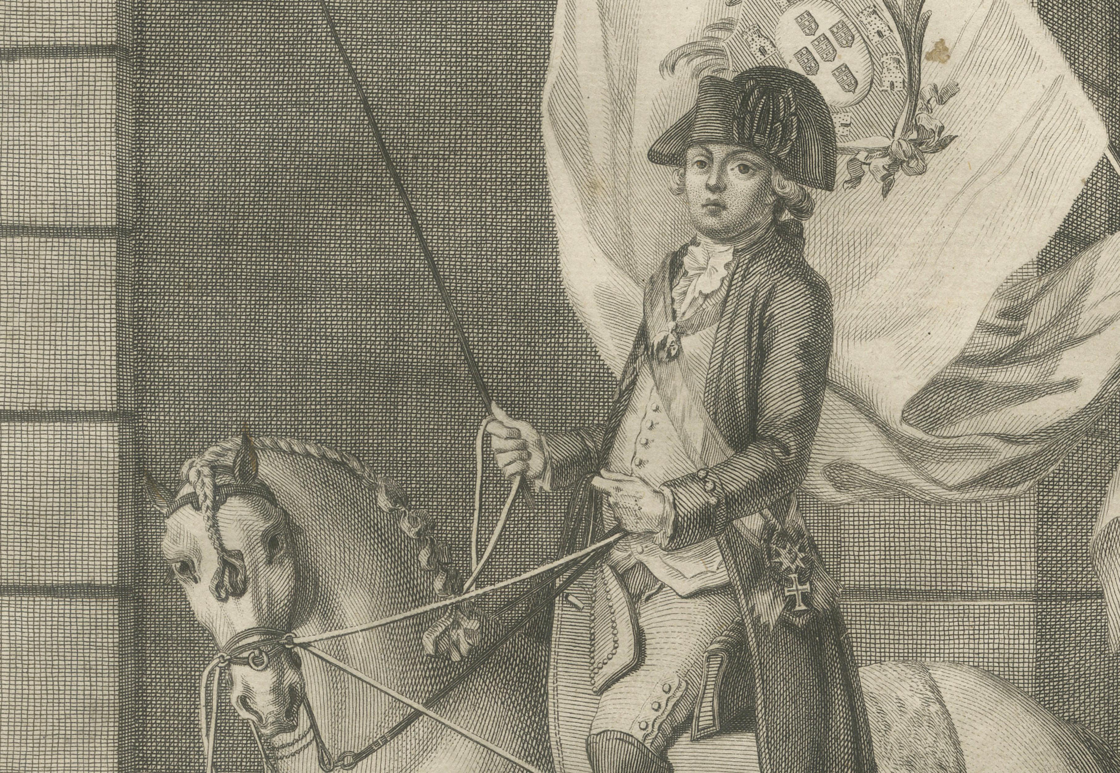 Portuguese Cavalry Officer with Royal Standard — Equestrian Engraving, 1790