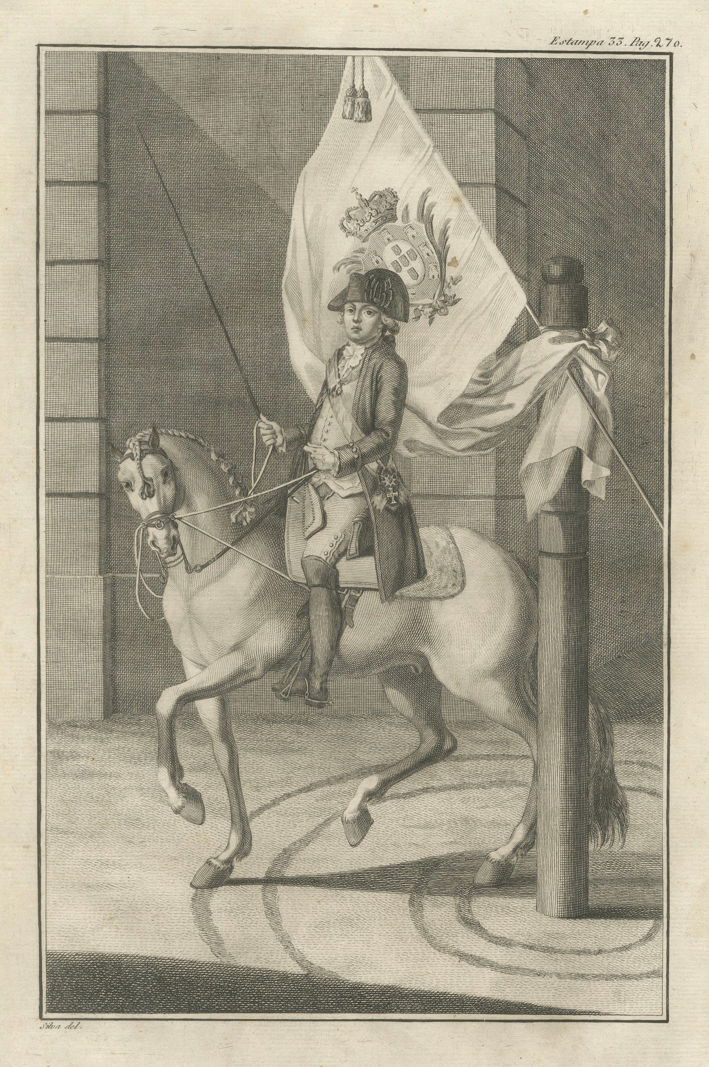 Portuguese Cavalry Officer with Royal Standard — Equestrian Engraving, 1790 For Sale