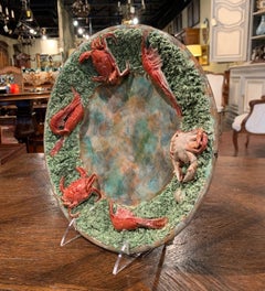 Portuguese Ceramic Barbotine Wall Hanging Platter with Crab and Shrimp Decor