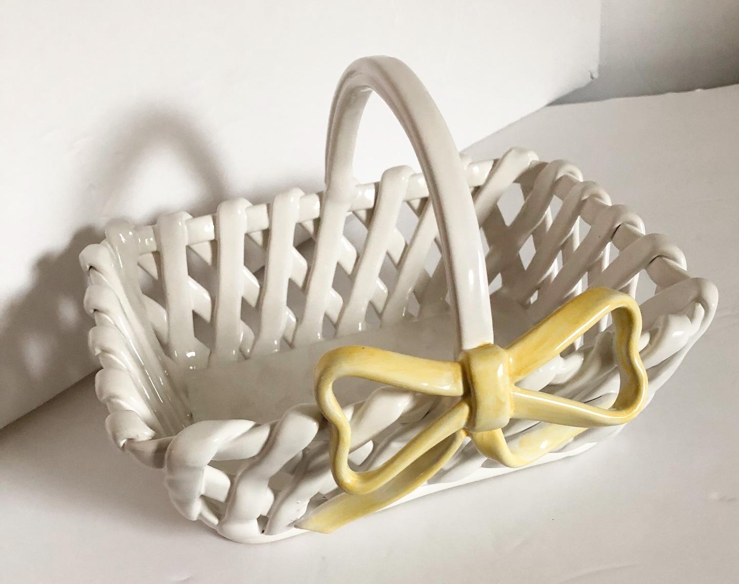 white ceramic basket with handle