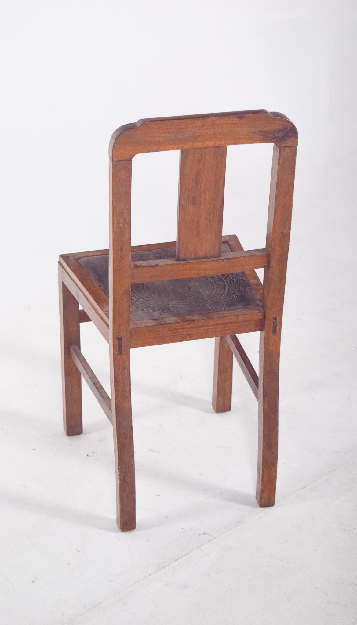 Wood Portuguese Chair with Engraved Leather and Studs For Sale