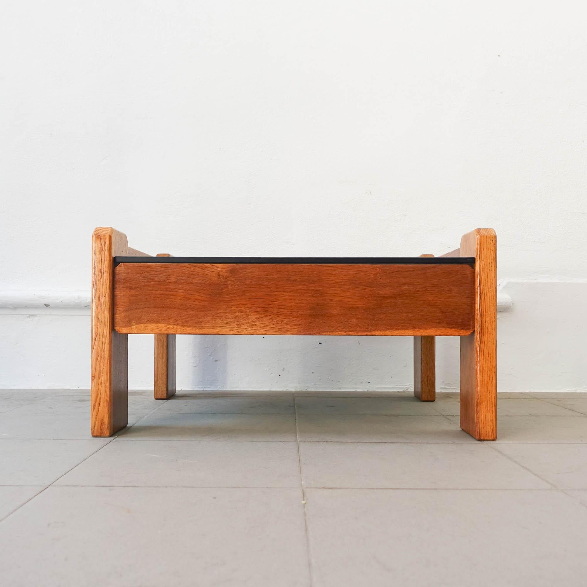 Smoked Glass Portuguese Coffee Table in French Oak by Eduardo Afonso Dias, 1970's For Sale