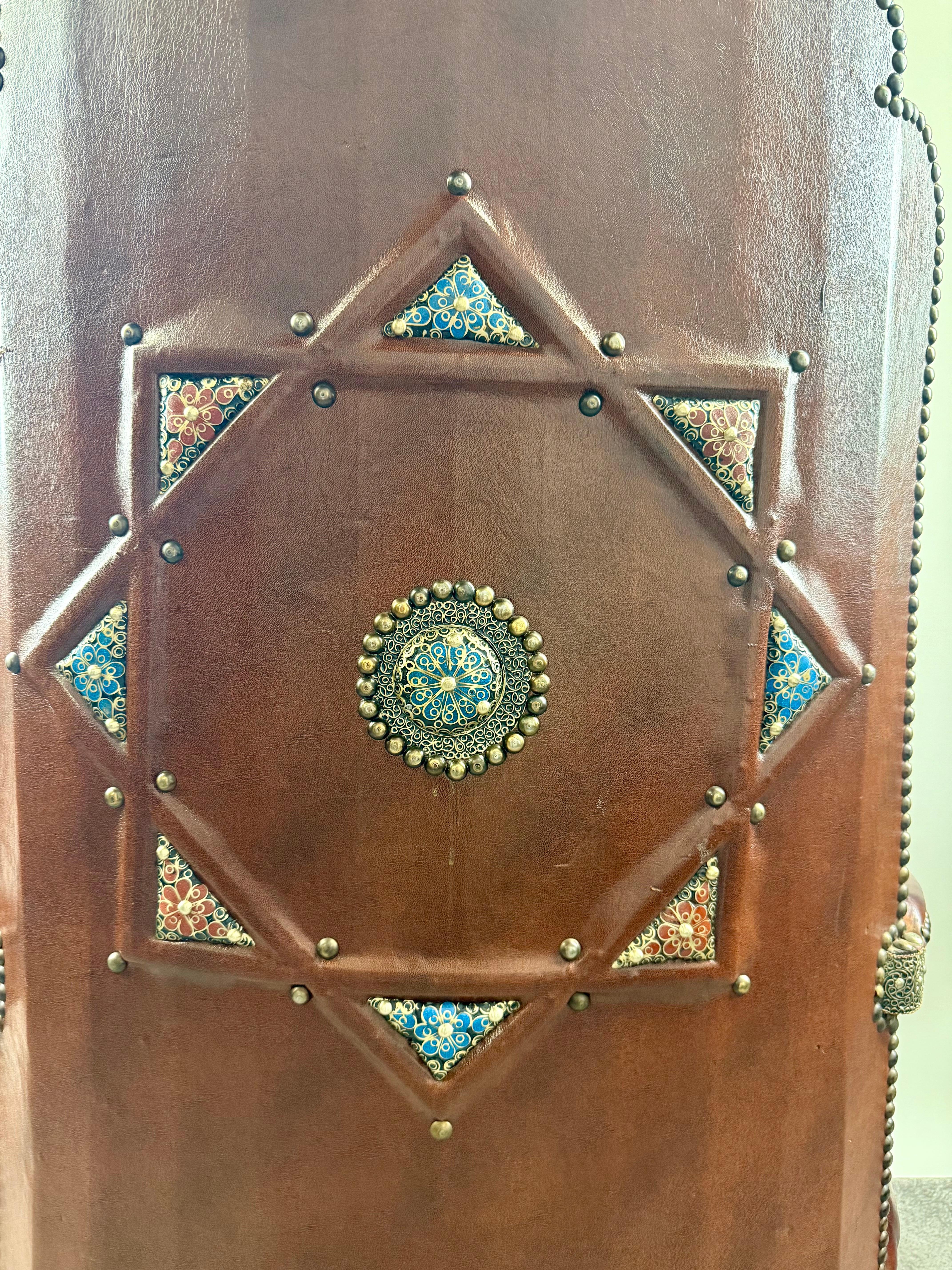 Portuguese Colonial Style Leather & Filigree Design Throne Chair For Sale 4
