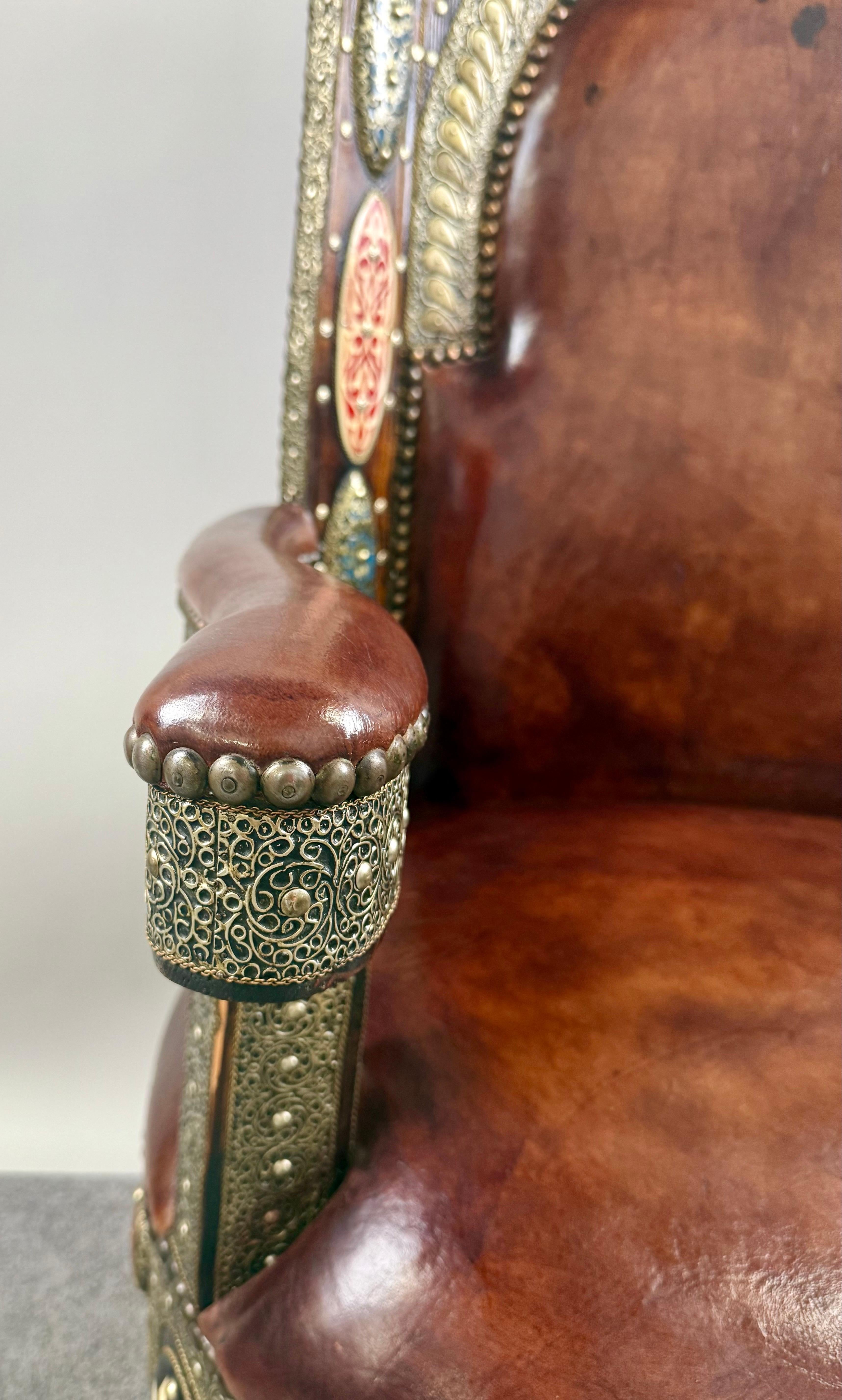Portuguese Colonial Style Leather & Filigree Design Throne Chair For Sale 4