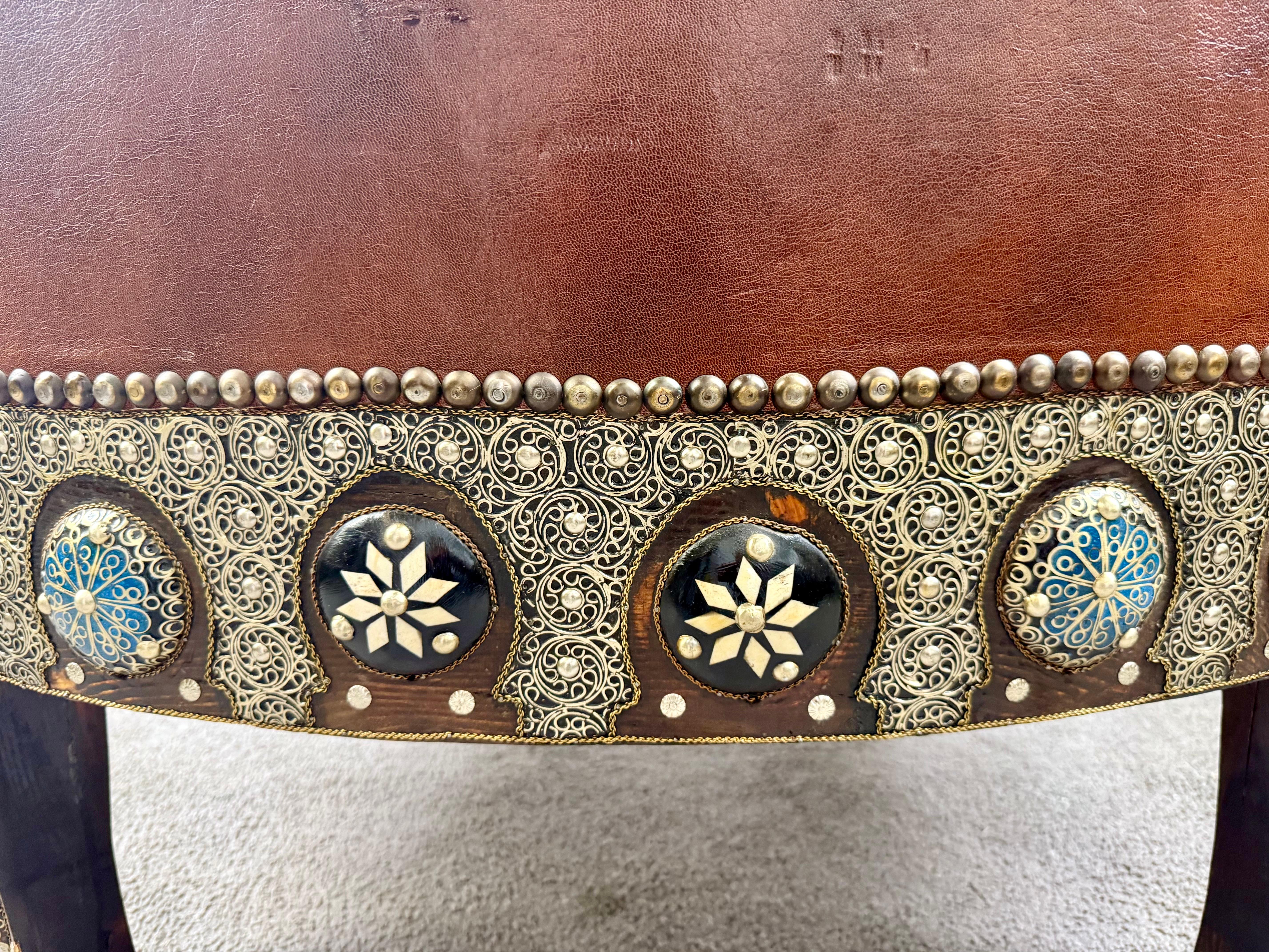 Portuguese Colonial Style Leather & Filigree Design Throne Chair For Sale 5