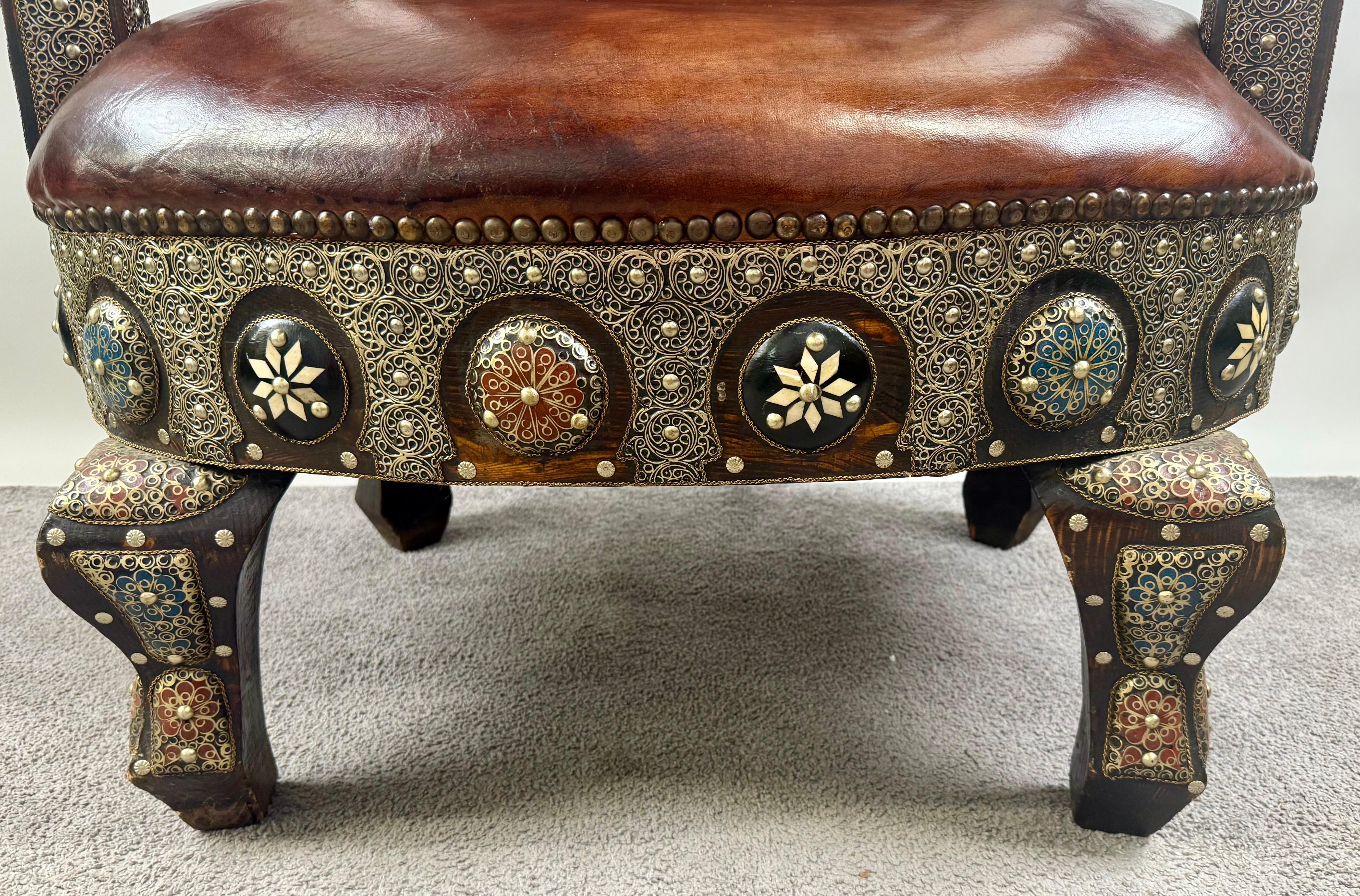 Portuguese Colonial Style Leather & Filigree Design Throne Chair For Sale 5