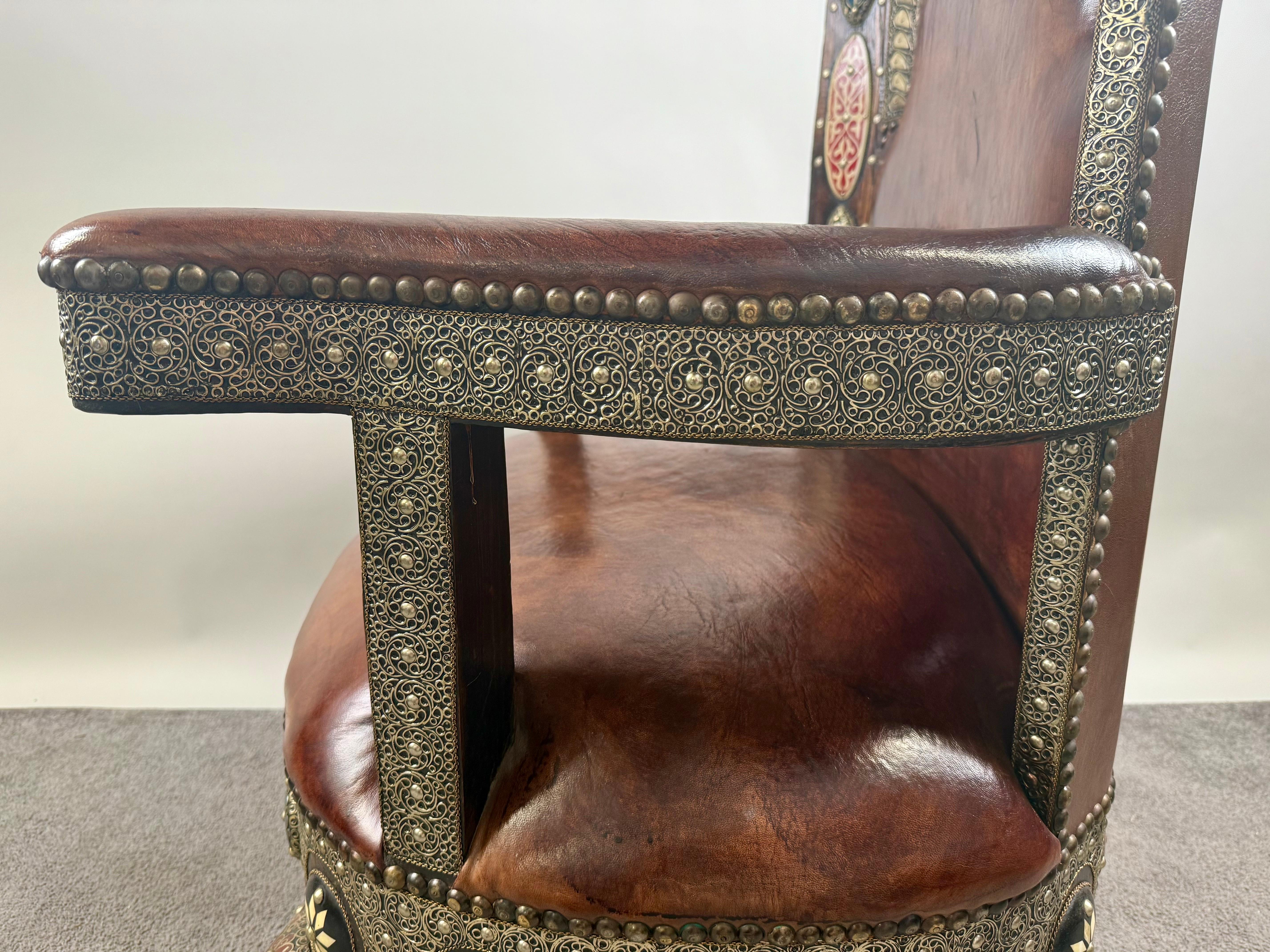Portuguese Colonial Style Leather & Filigree Design Throne Chair For Sale 7