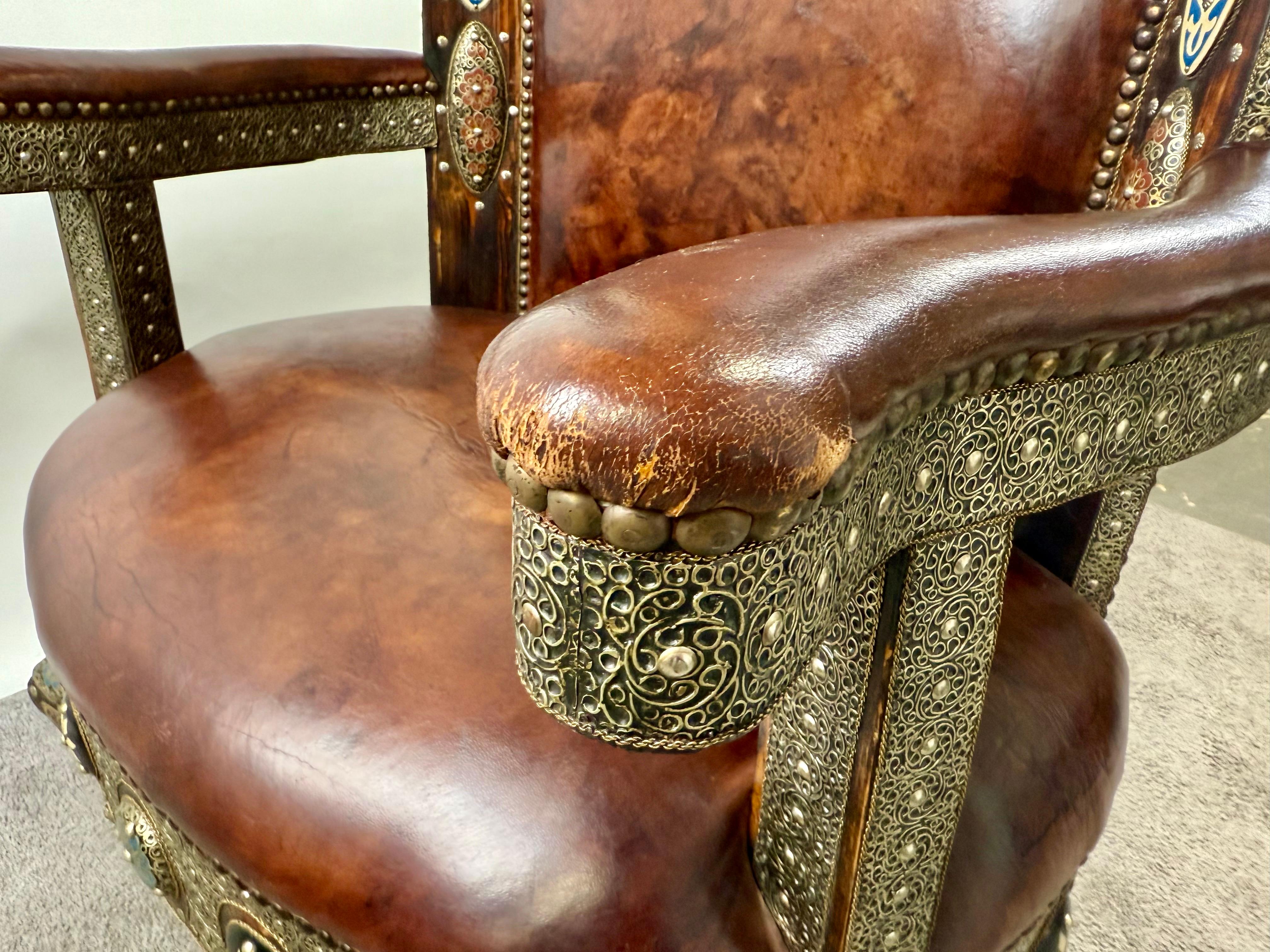 Portuguese Colonial Style Leather & Filigree Design Throne Chair For Sale 9