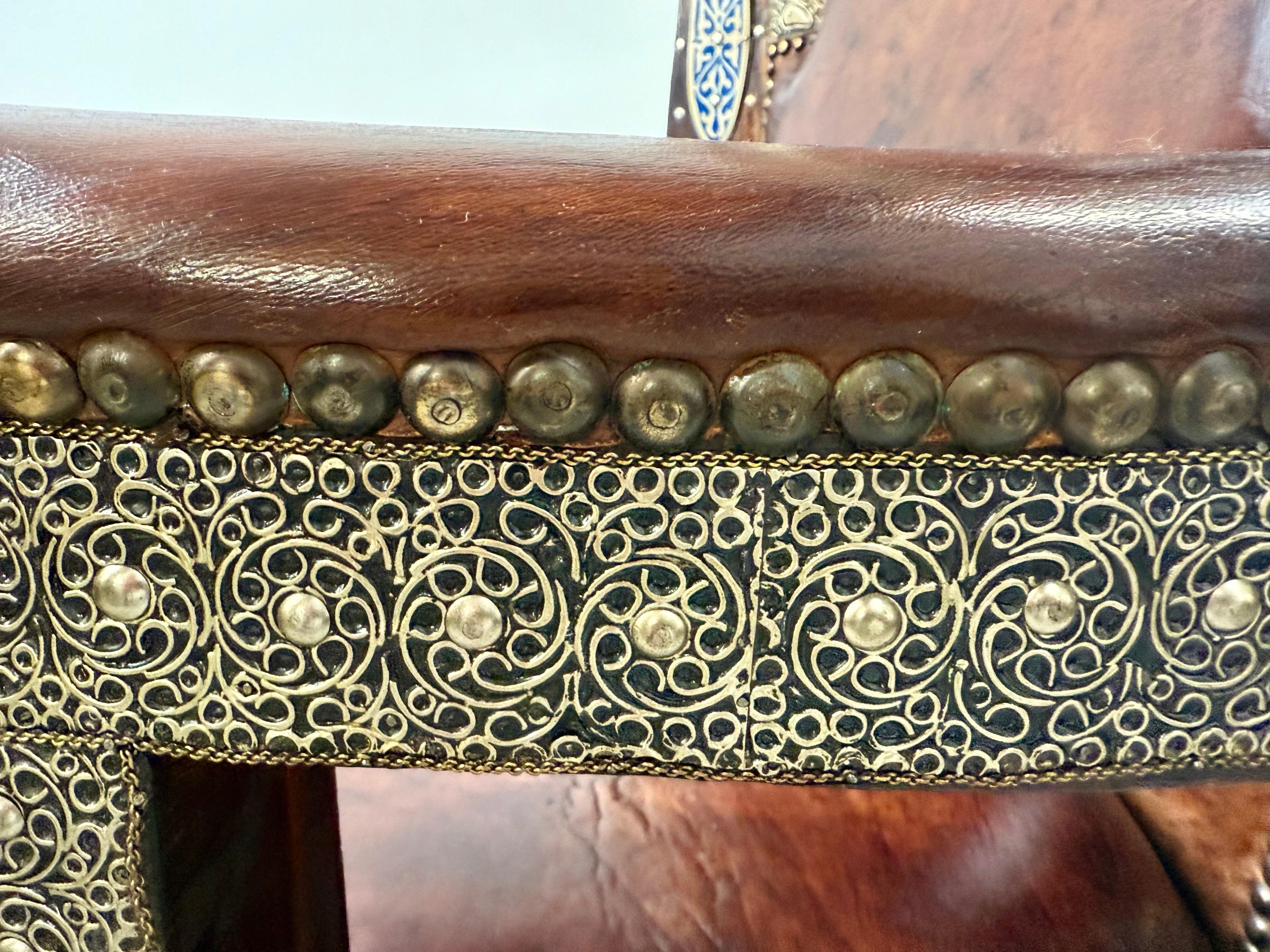 Portuguese Colonial Style Leather & Filigree Design Throne Chair For Sale 10