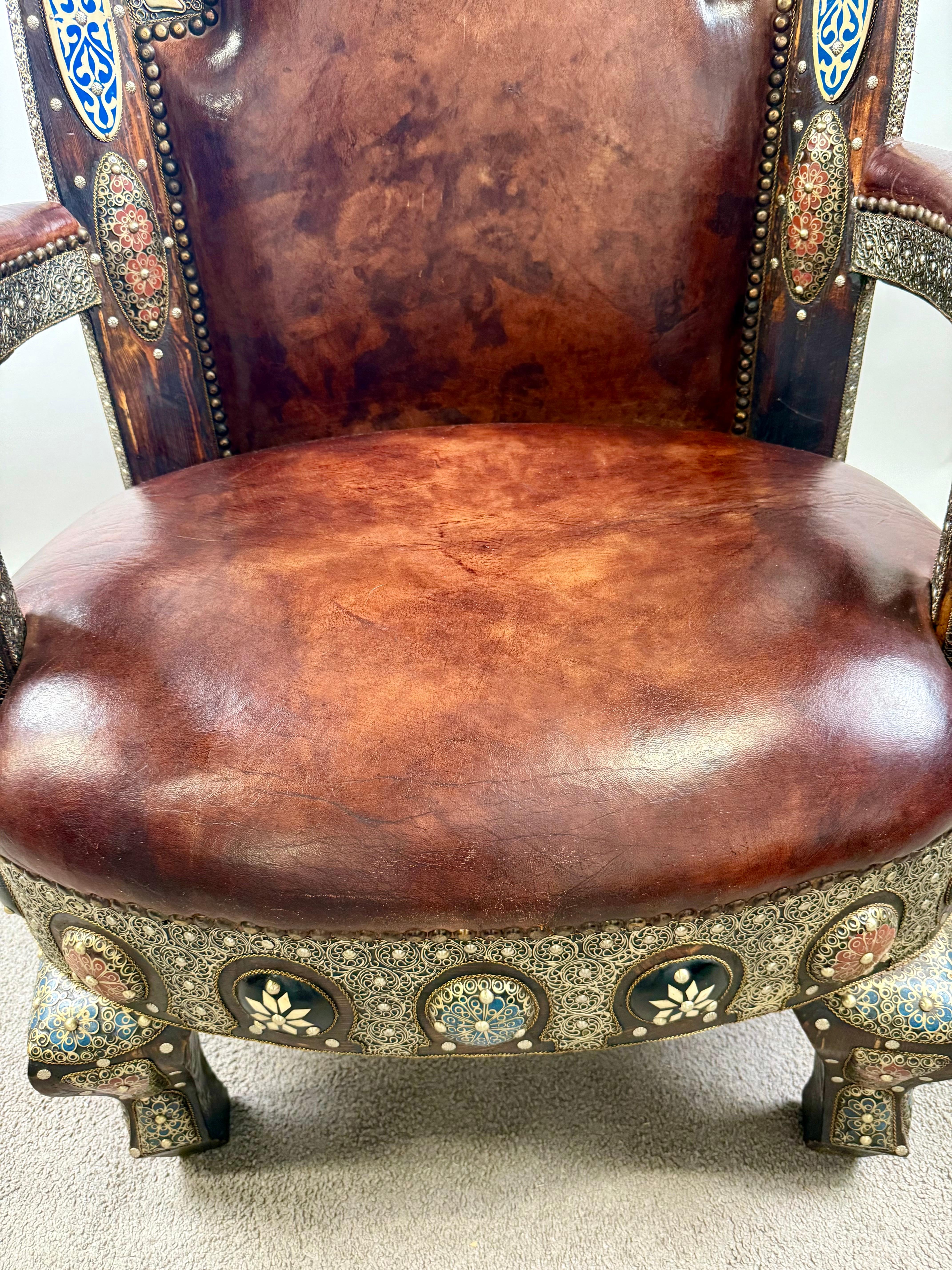 Portuguese Colonial Style Leather & Filigree Design Throne Chair For Sale 11