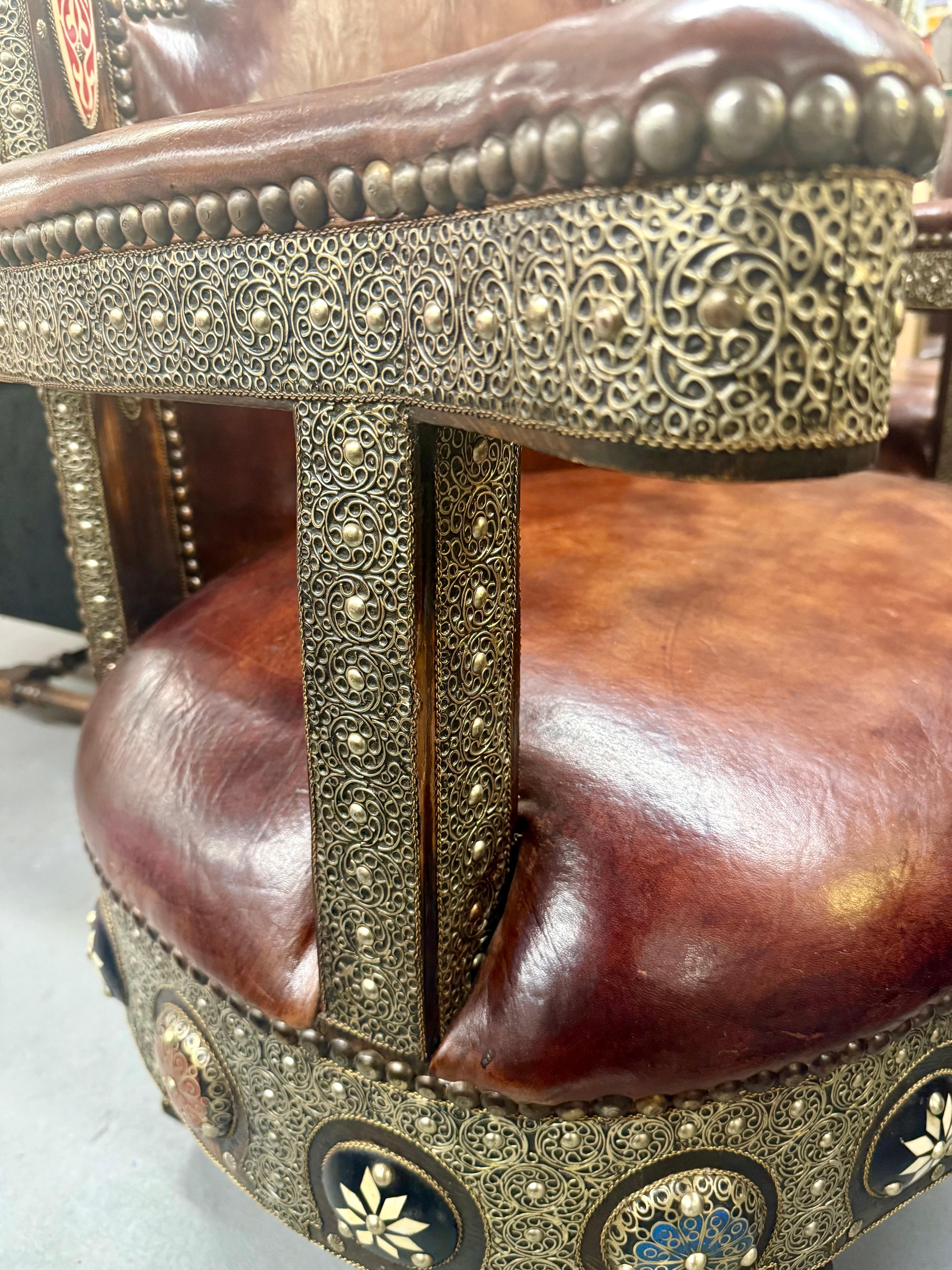 Portuguese Colonial Style Leather & Filigree Design Throne Chair For Sale 11