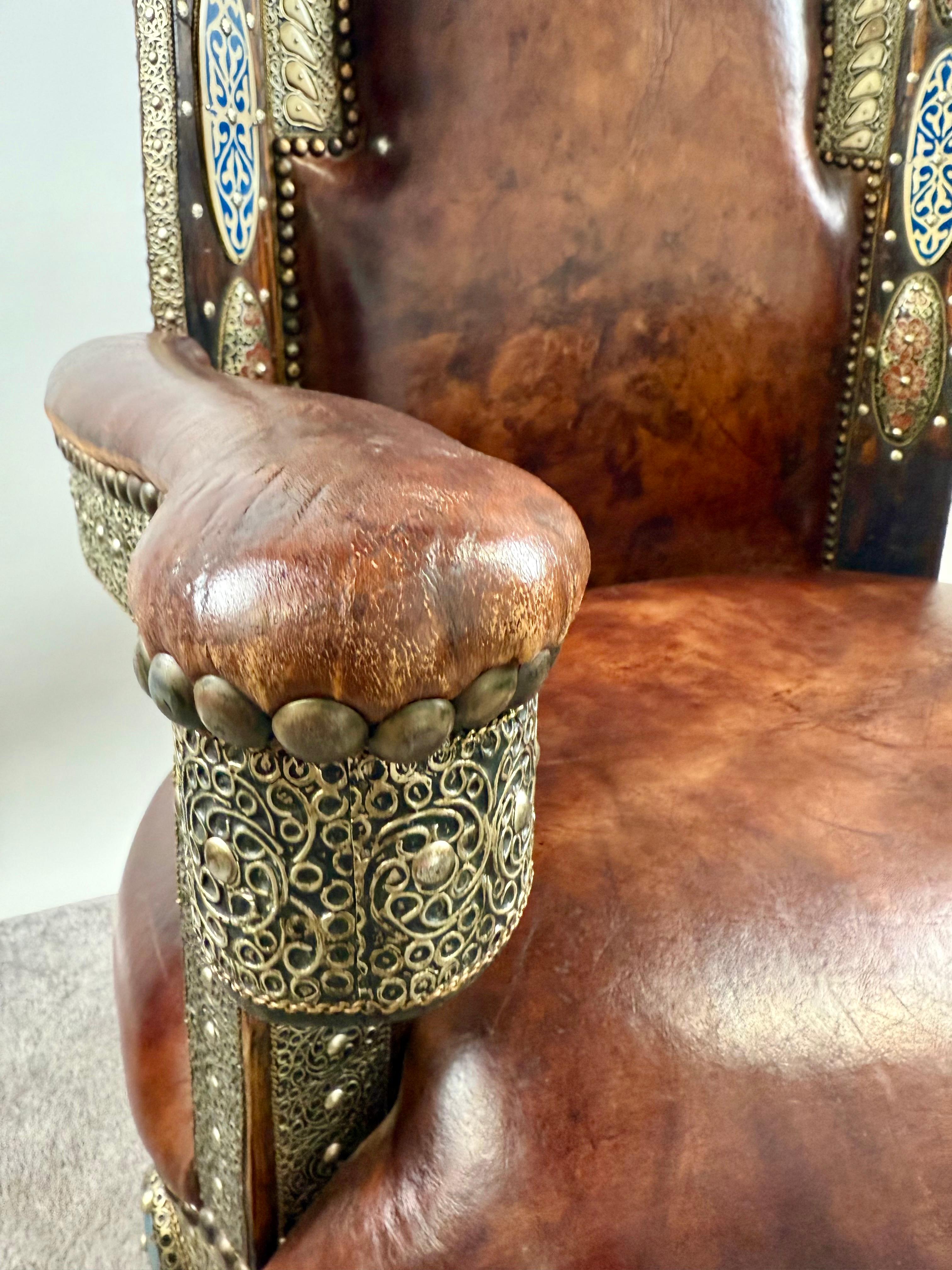 Portuguese Colonial Style Leather & Filigree Design Throne Chair For Sale 12