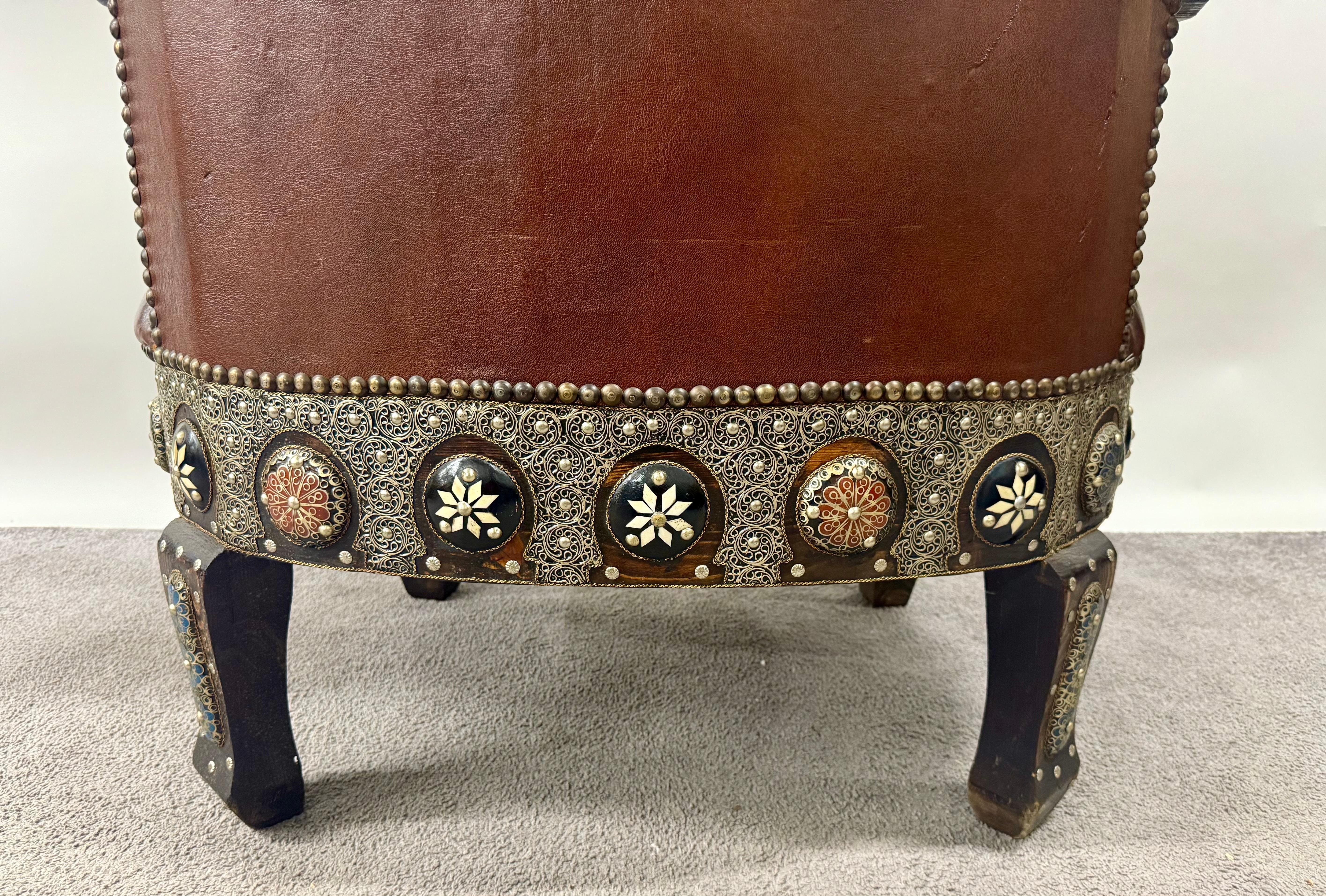 Portuguese Colonial Style Leather & Filigree Design Throne Chair For Sale 13