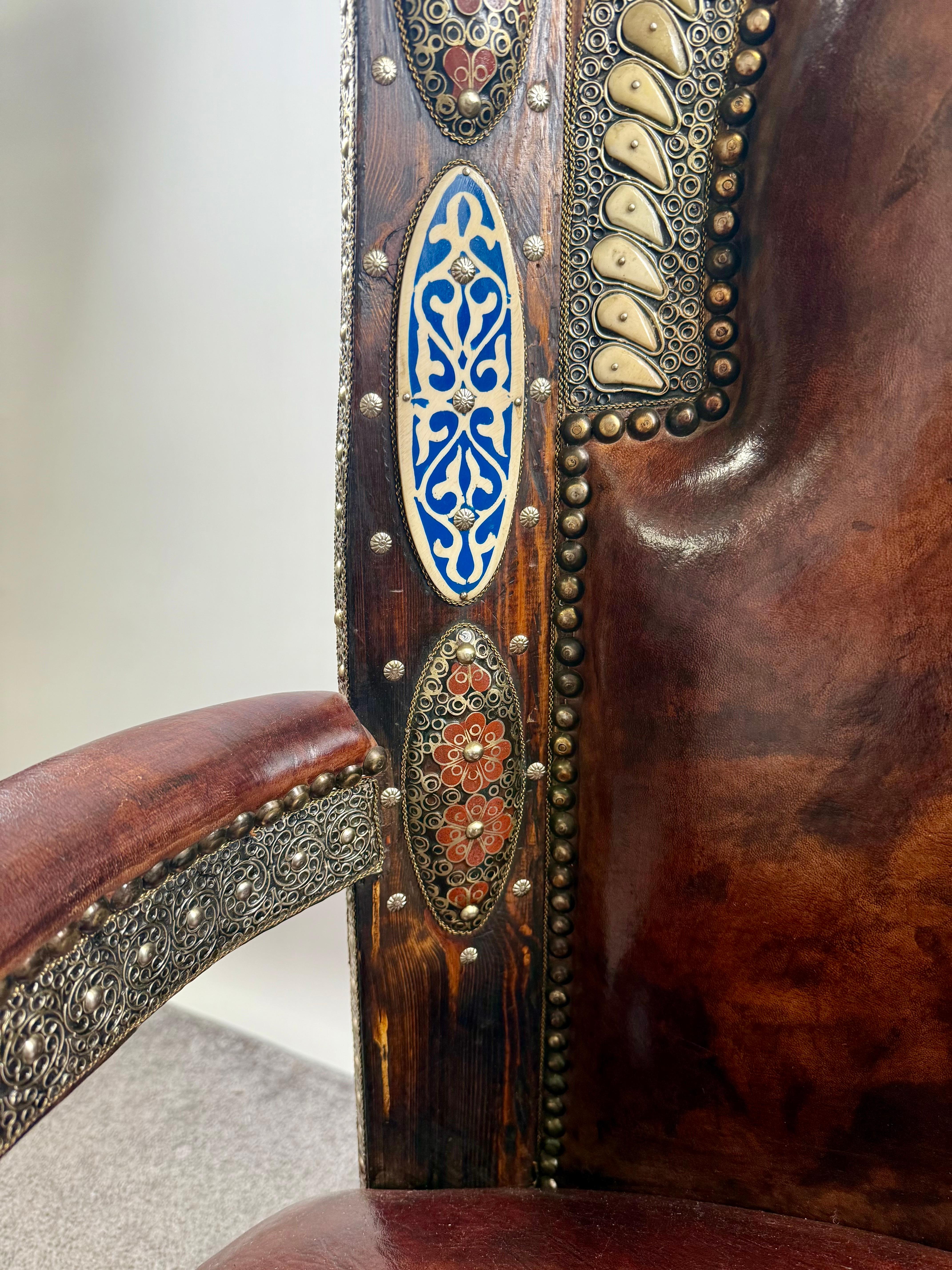 Portuguese Colonial Style Leather & Filigree Design Throne Chair For Sale 14