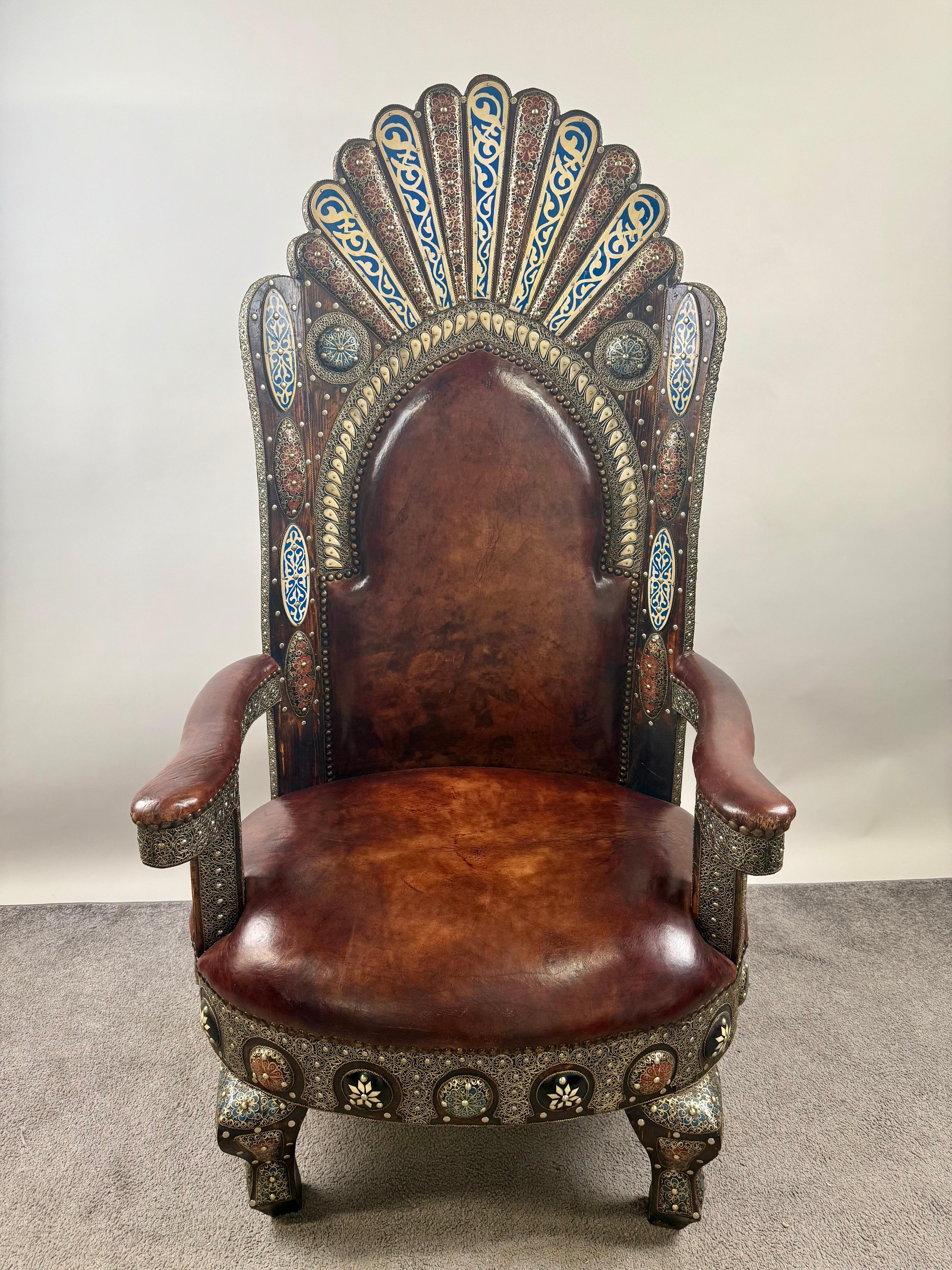 Colonial Revival Portuguese Colonial Style Leather & Filigree Design Throne Chair For Sale