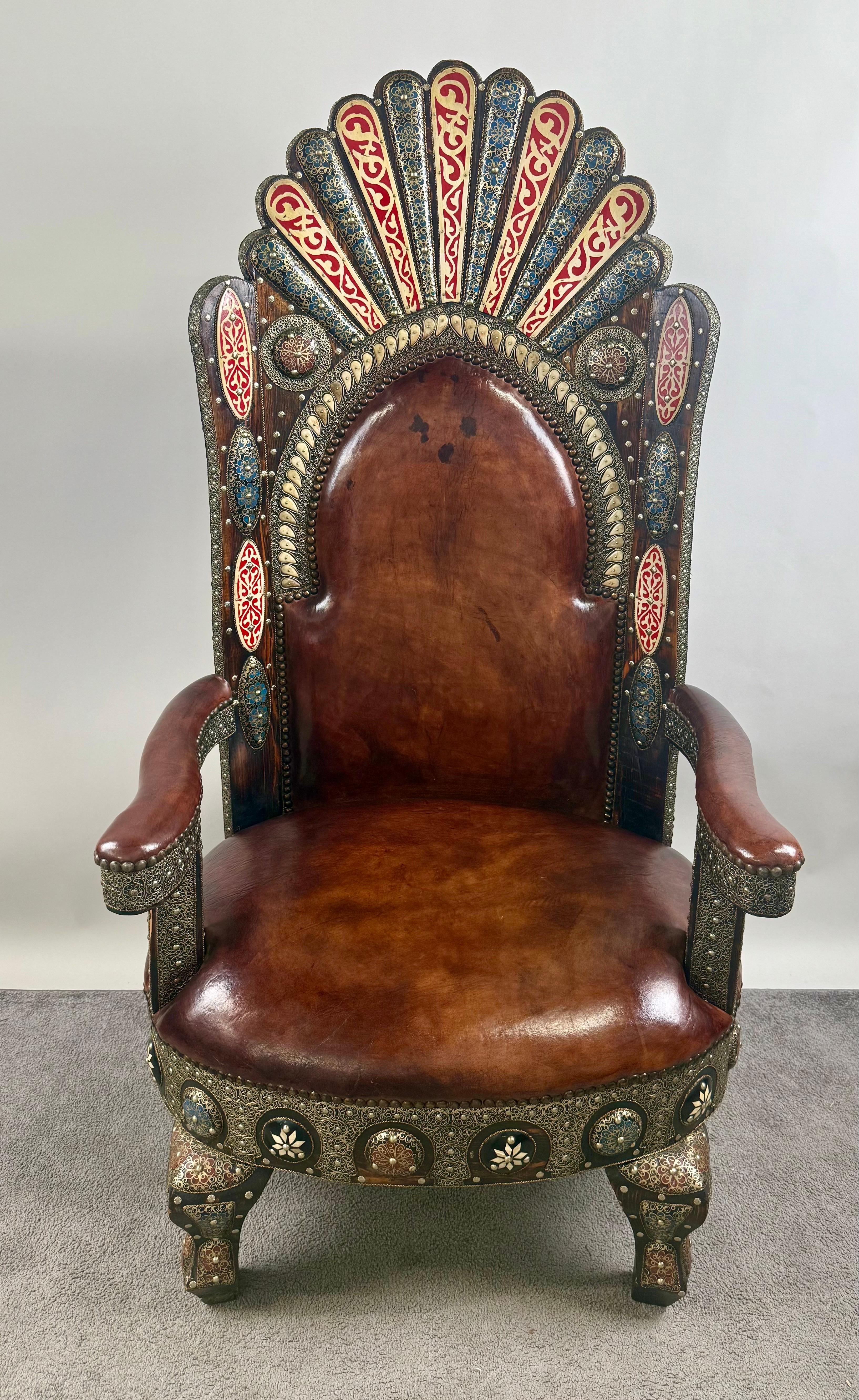 Colonial Revival Portuguese Colonial Style Leather & Filigree Design Throne Chair For Sale