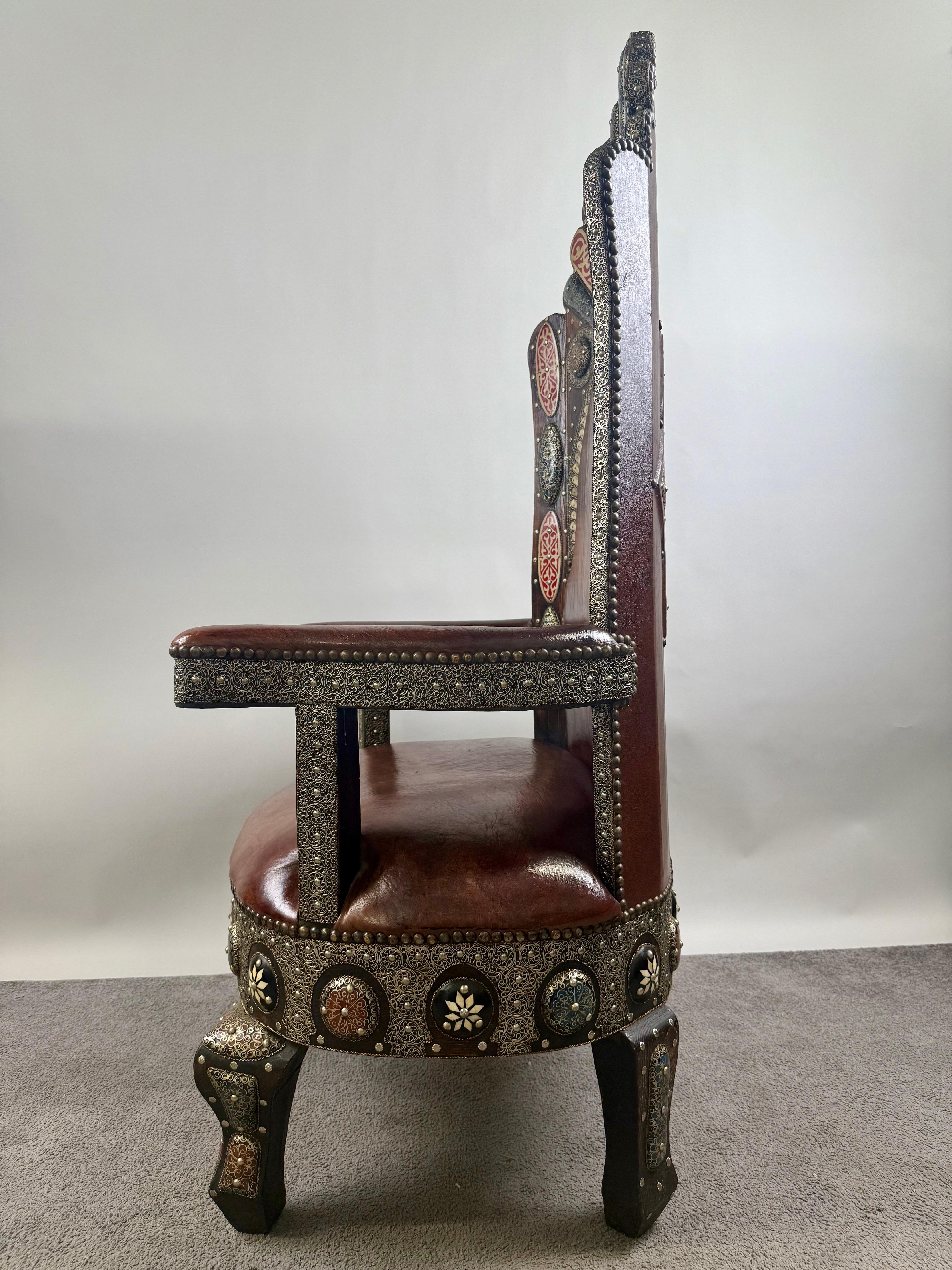 Hand-Crafted Portuguese Colonial Style Leather & Filigree Design Throne Chair For Sale