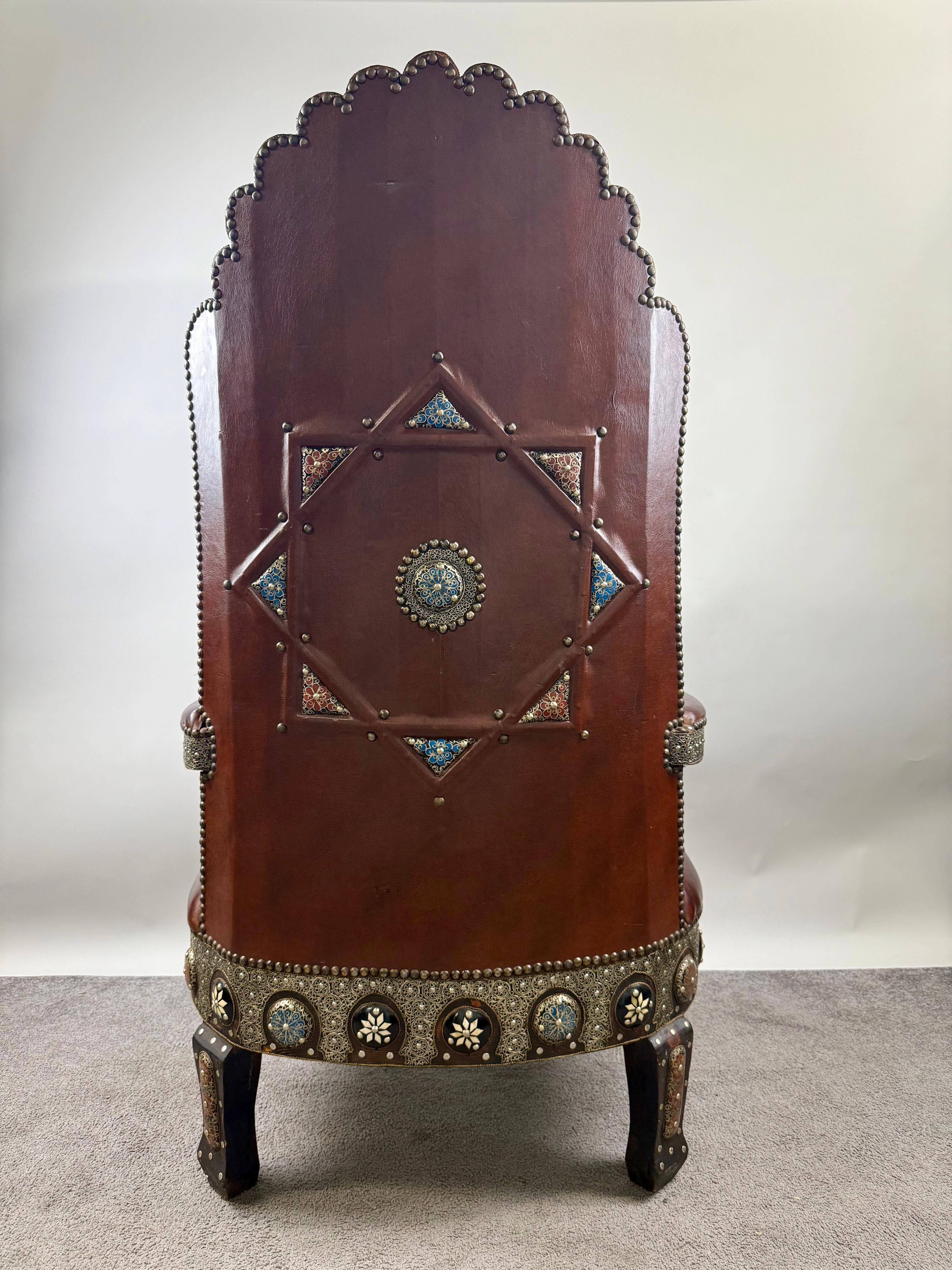 20th Century Portuguese Colonial Style Leather & Filigree Design Throne Chair For Sale