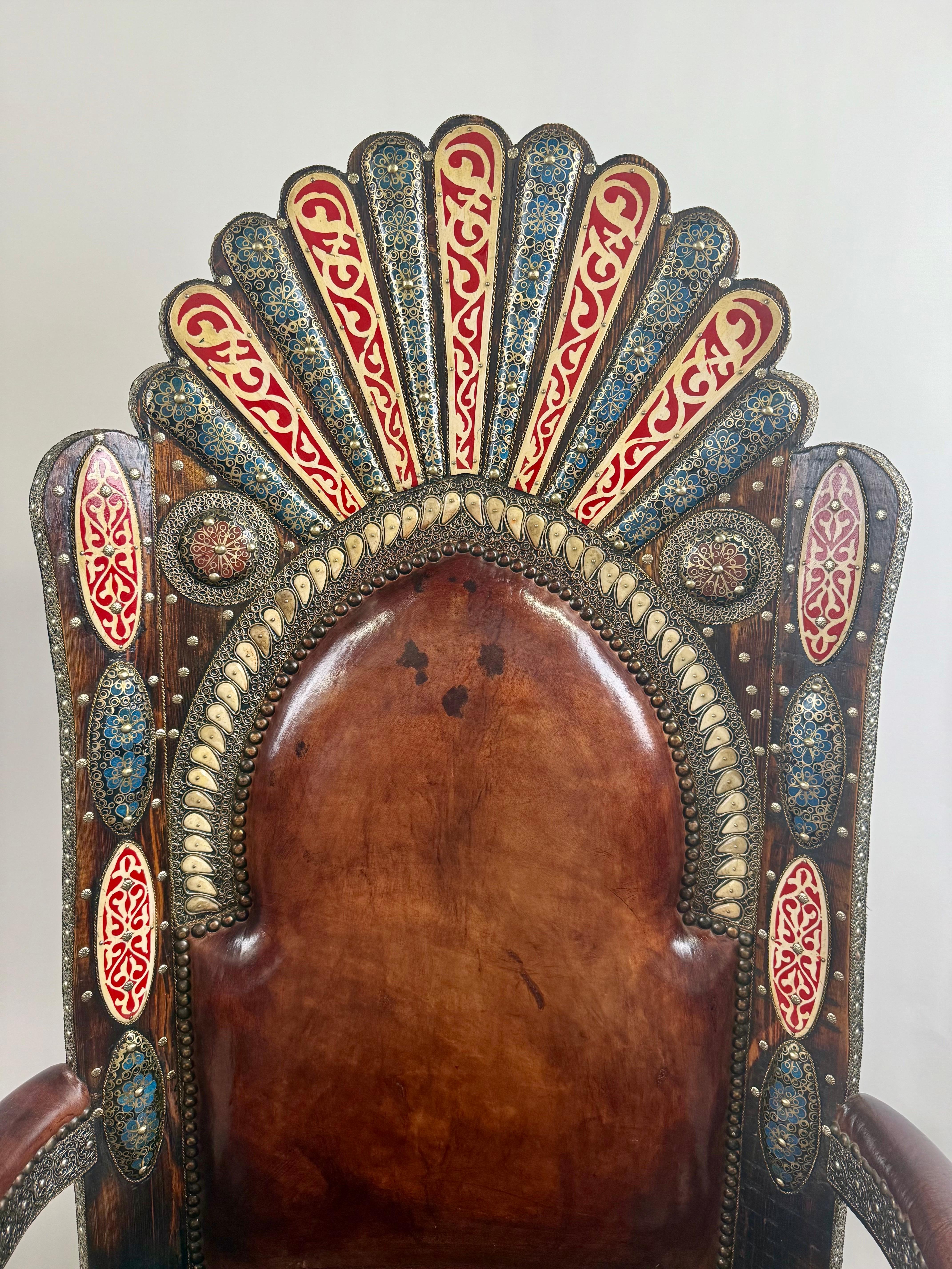 20th Century Portuguese Colonial Style Leather & Filigree Design Throne Chair For Sale
