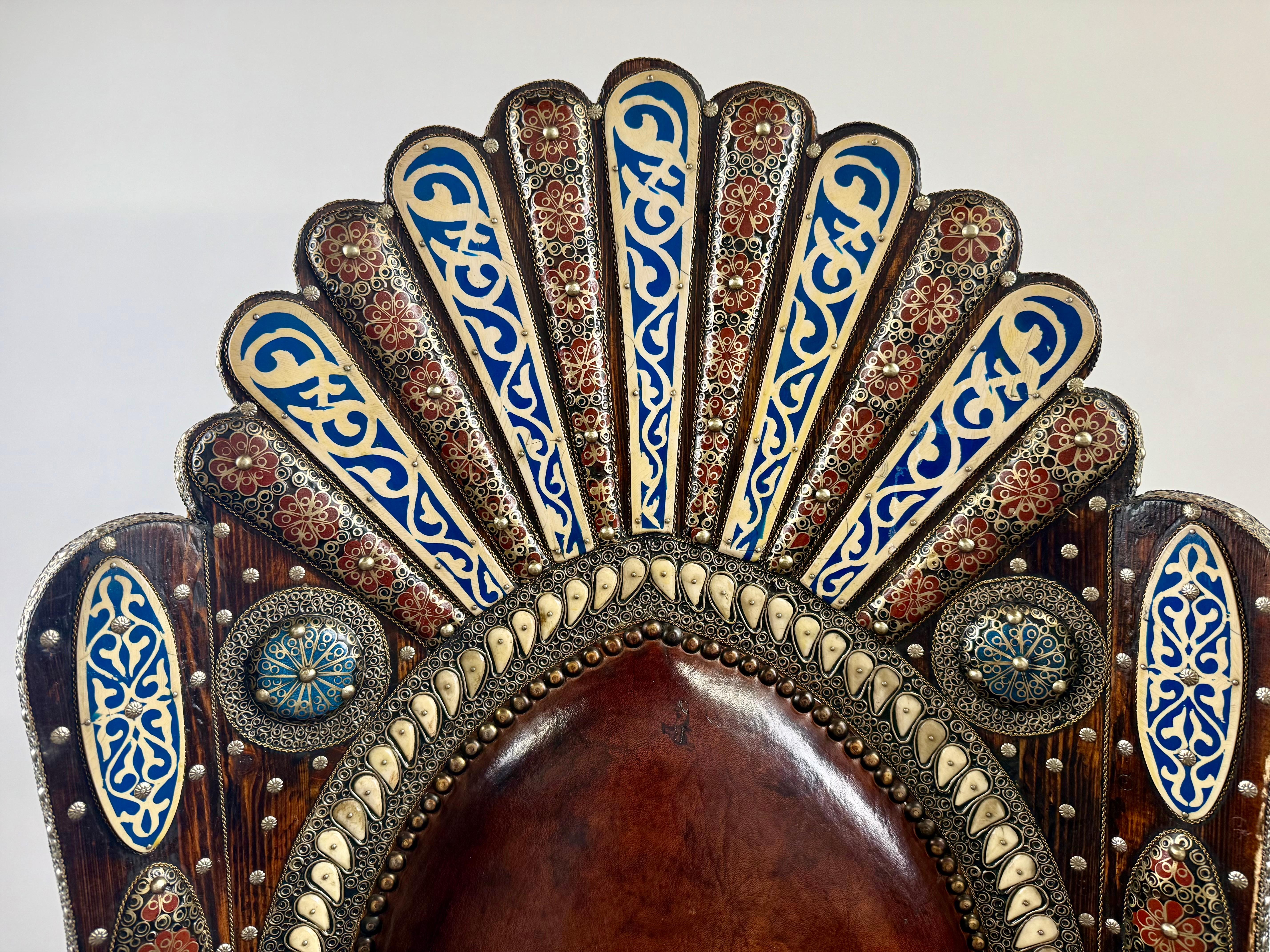 Portuguese Colonial Style Leather & Filigree Design Throne Chair For Sale 1