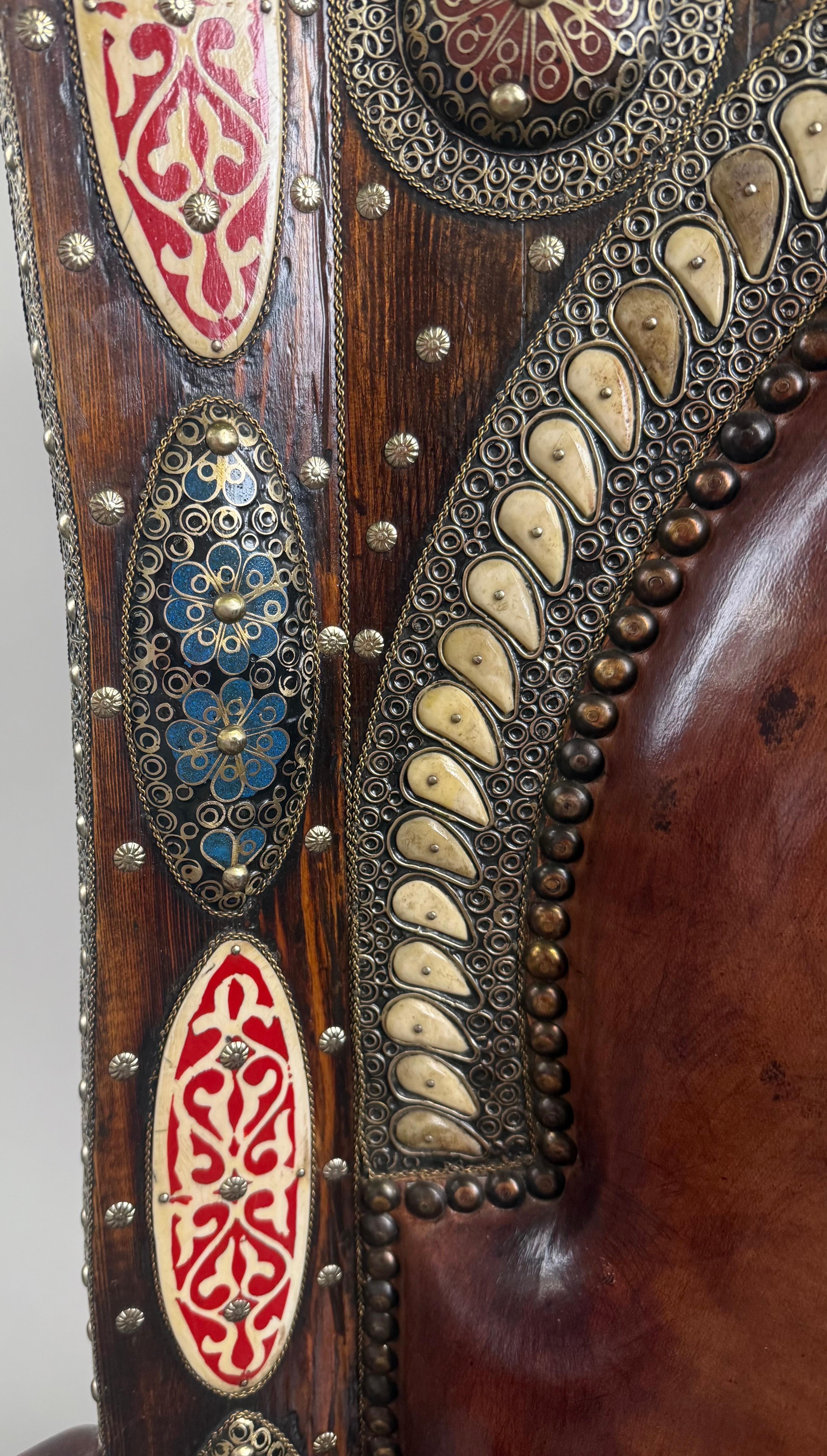 Portuguese Colonial Style Leather & Filigree Design Throne Chair For Sale 2