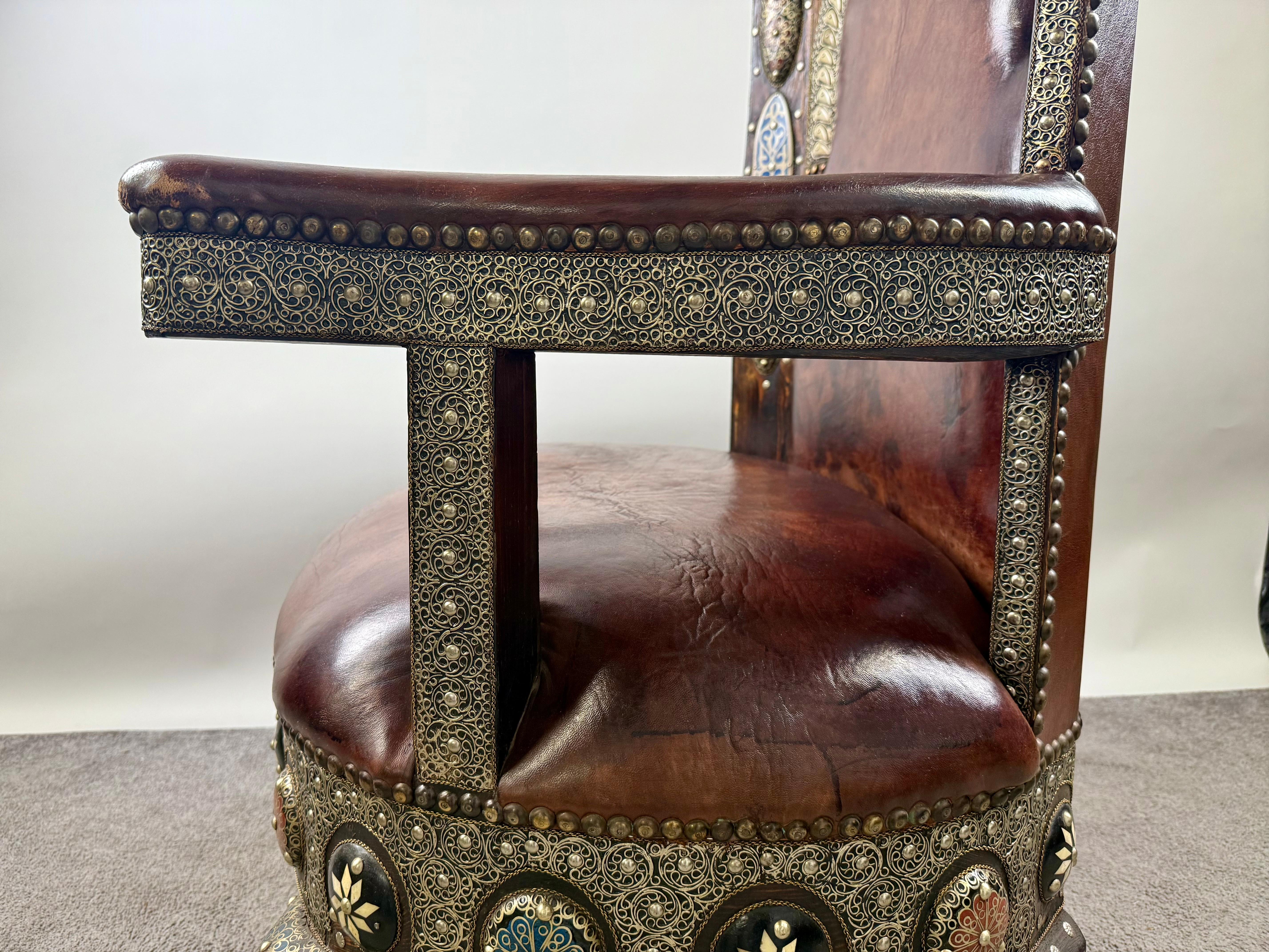 Portuguese Colonial Style Leather & Filigree Design Throne Chair For Sale 3
