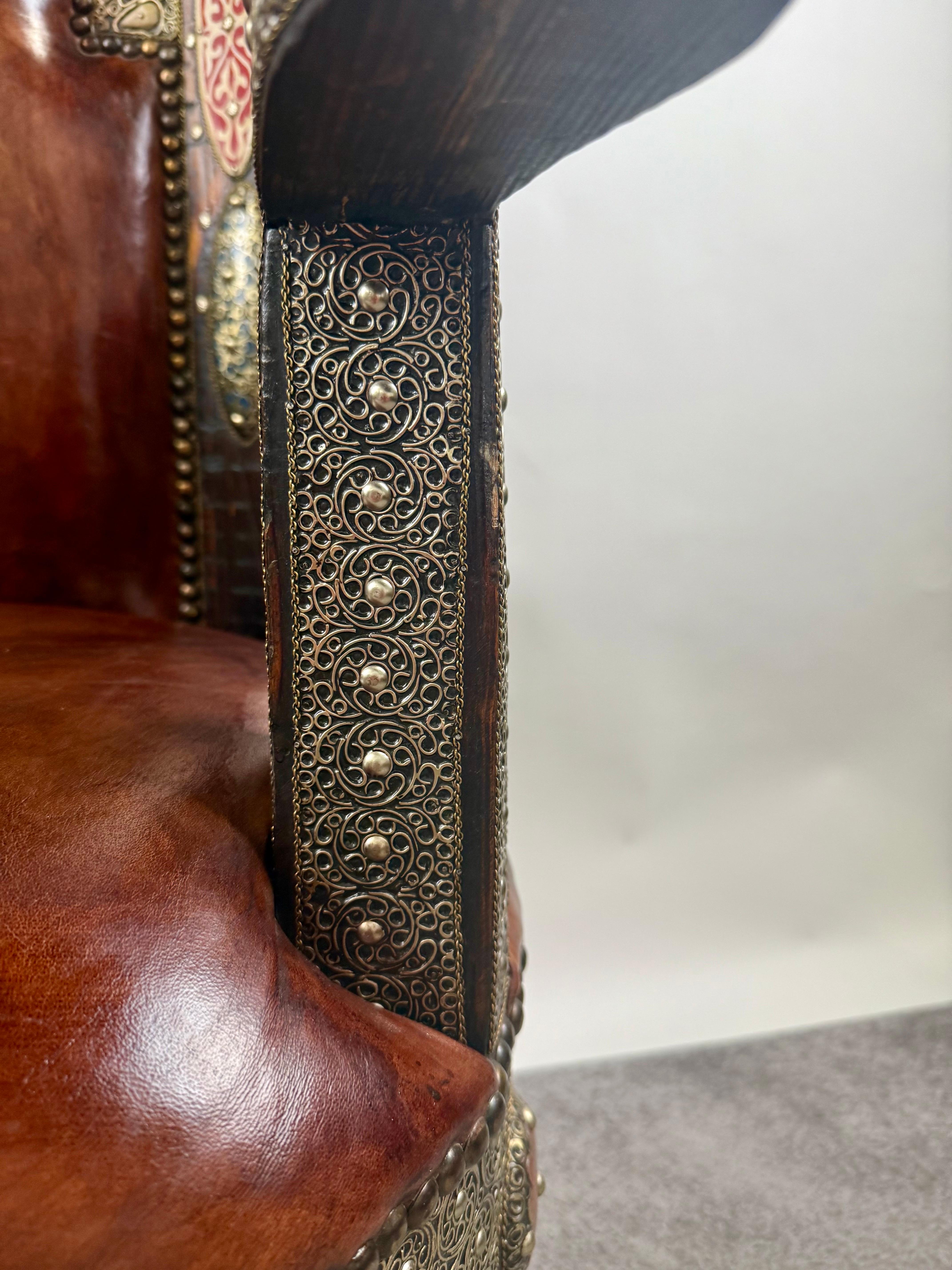 Portuguese Colonial Style Leather & Filigree Design Throne Chair For Sale 3