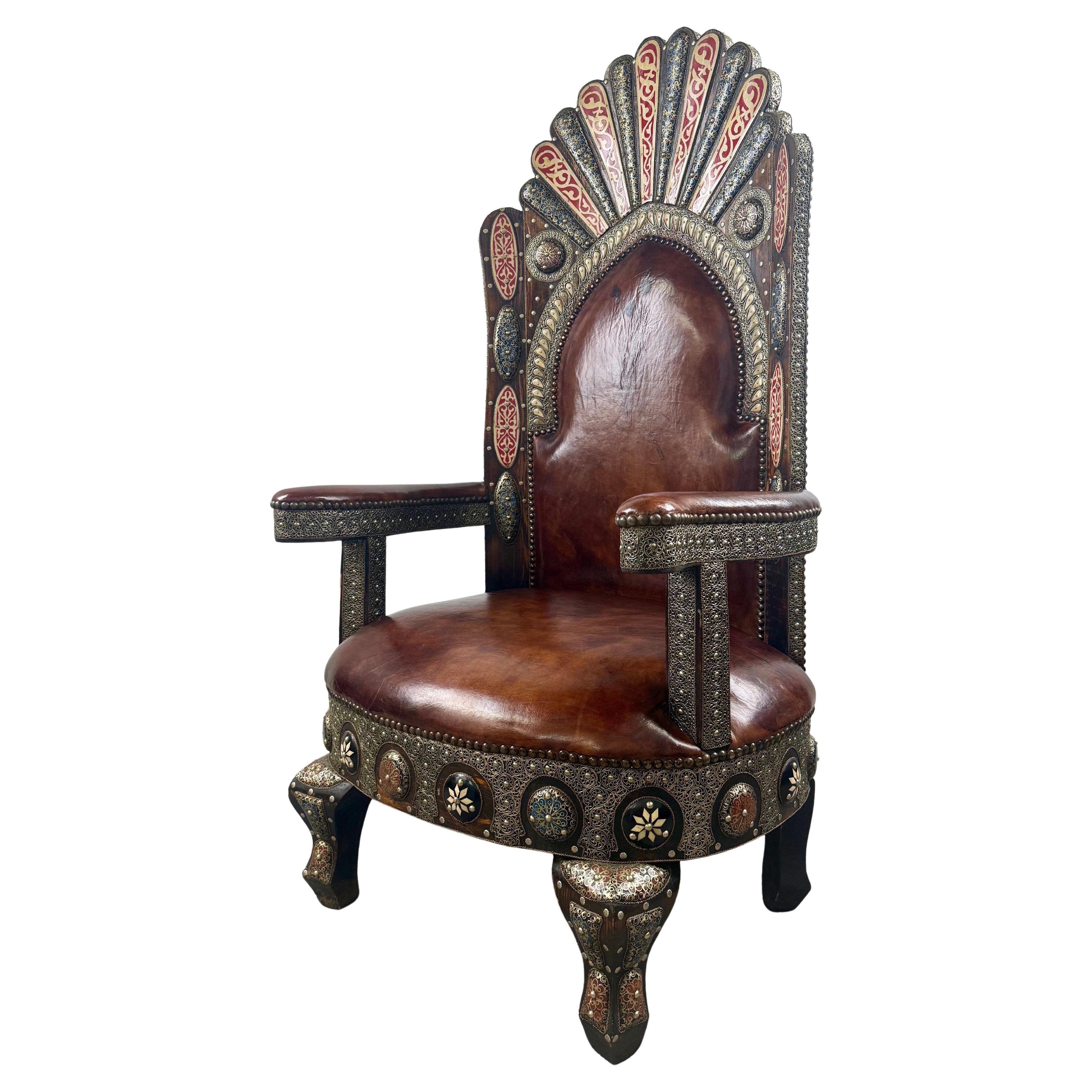 Portuguese Colonial Style Leather & Filigree Design Throne Chair