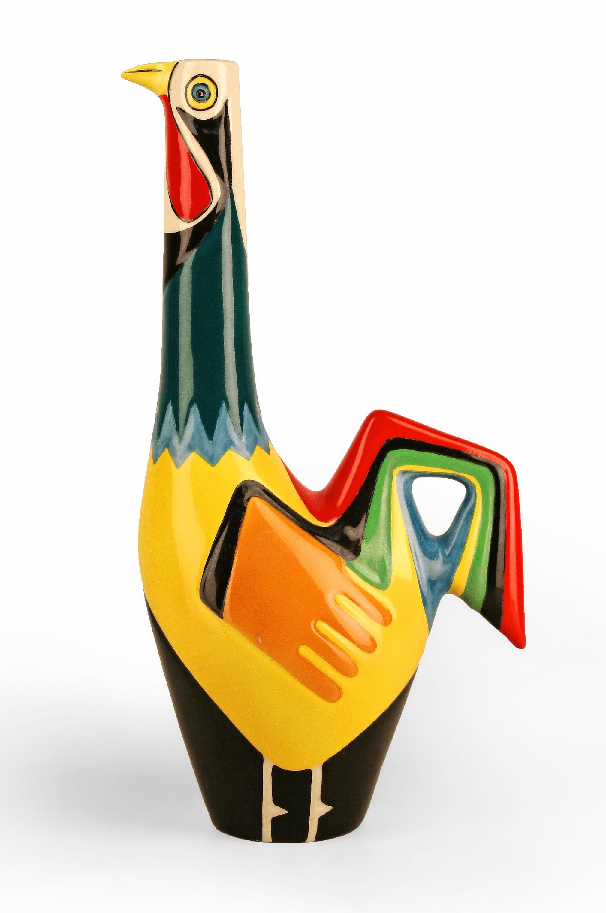 Mid-20th century portuguese colorful enameled hand-painted ceramic rooster wine decanter/pitcher by Real Vinícola

By: Real Vinícola, 
Material: ceramic, enamel, paint
Technique: enameled, glazed, hand-painted, molded, painted, polished,