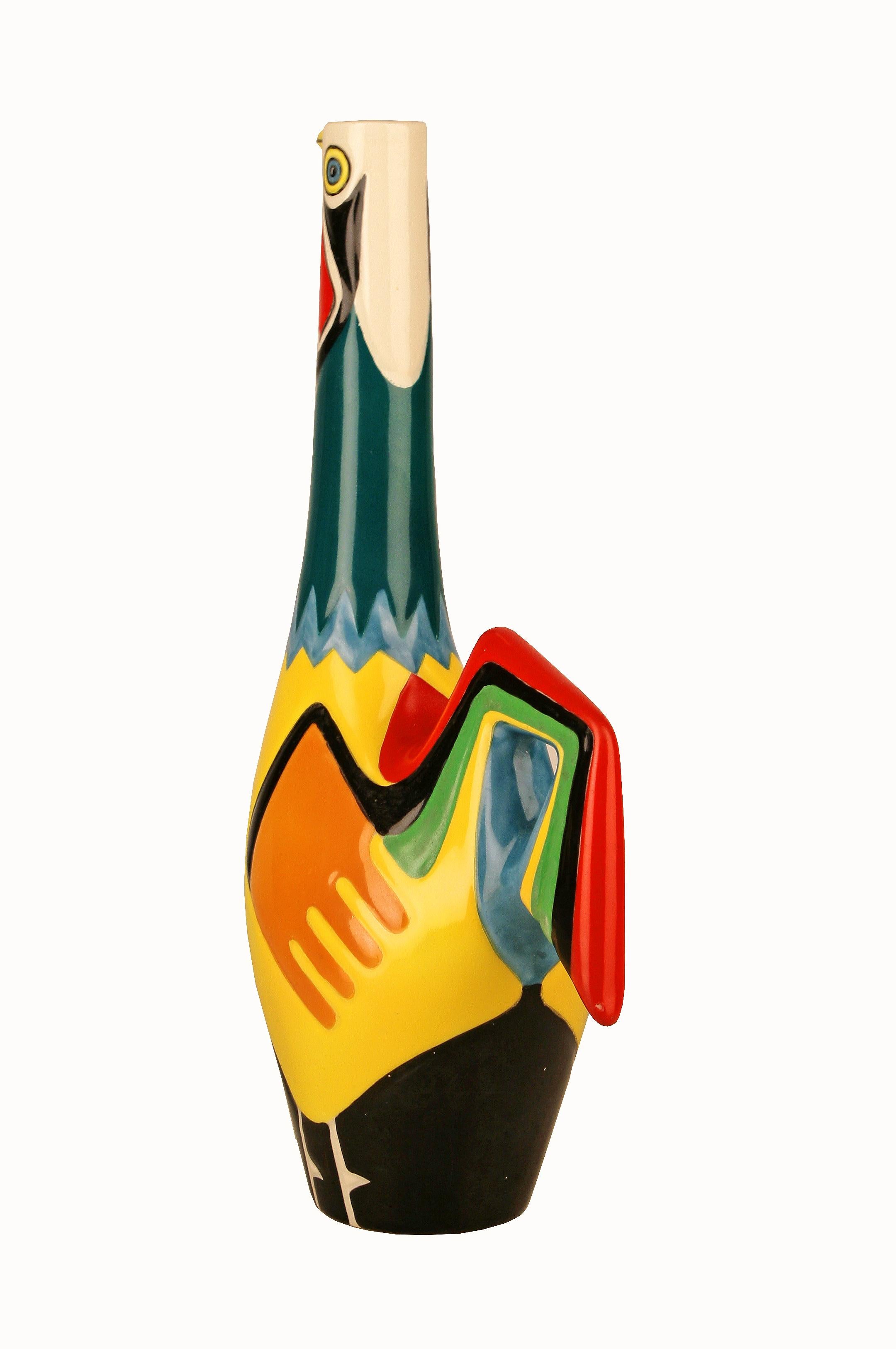 Mid-Century Modern Portuguese Colorful Enameled Ceramic Rooster Decanter/Pitcher by Real Vinícola