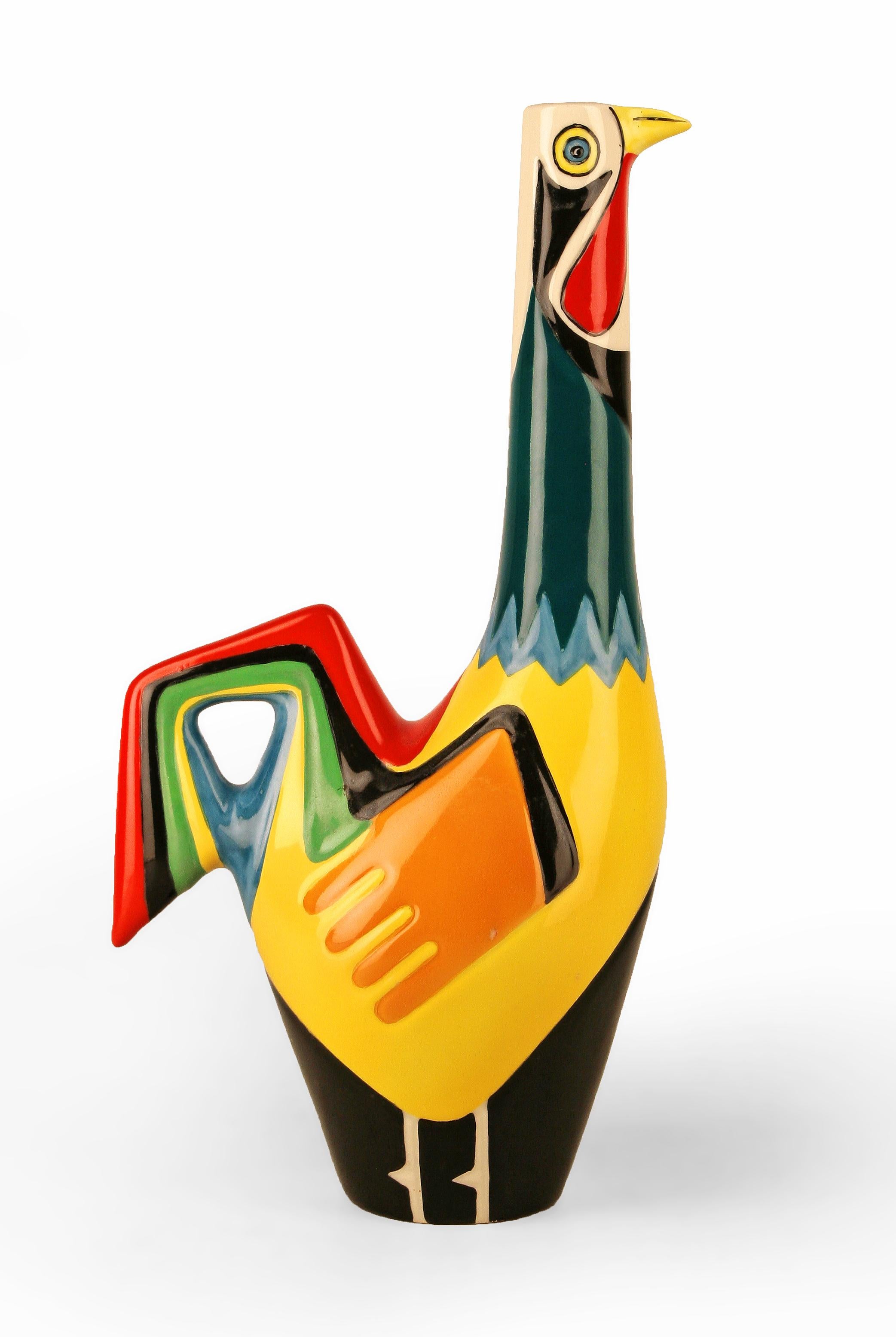 Molded Portuguese Colorful Enameled Ceramic Rooster Decanter/Pitcher by Real Vinícola