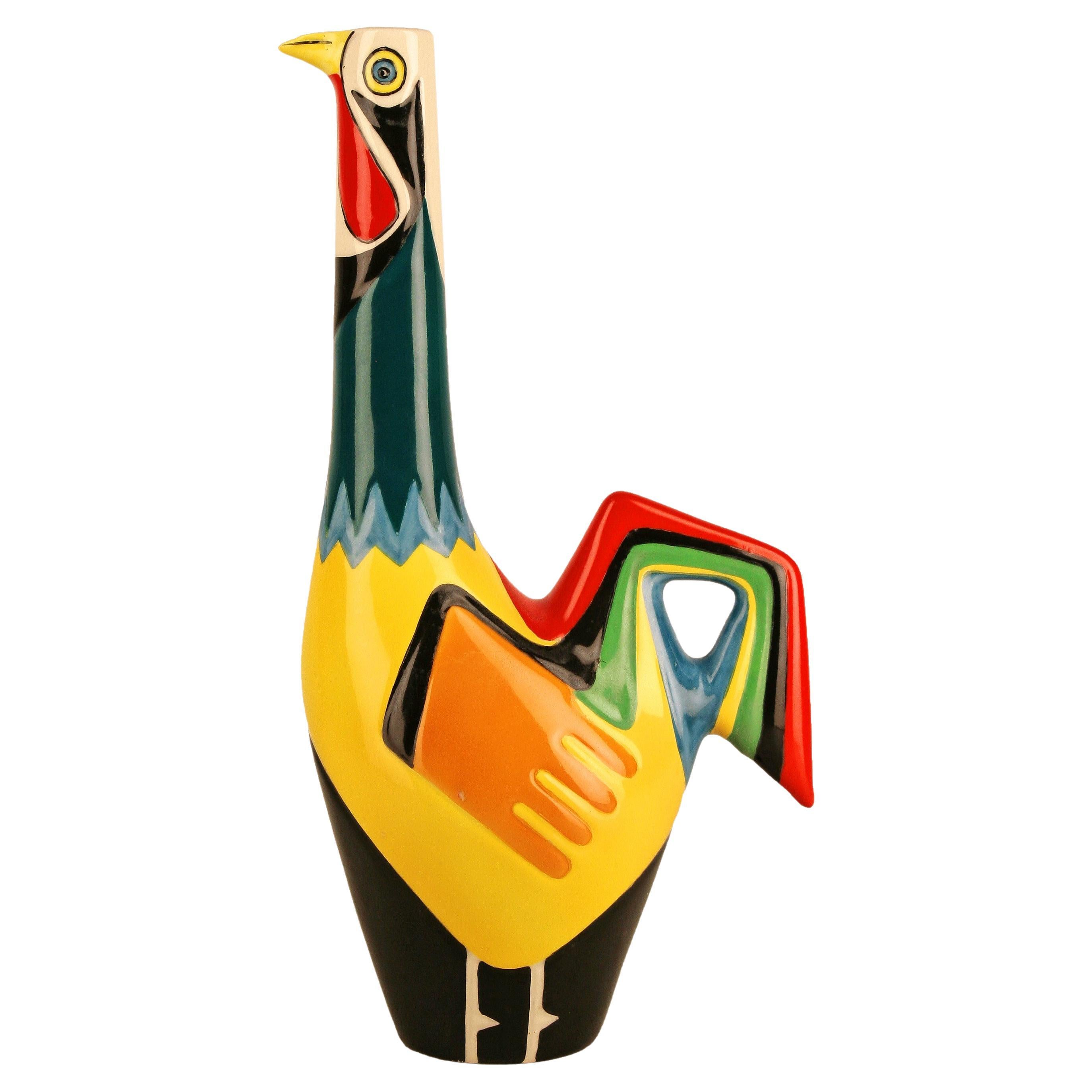 Portuguese Colorful Enameled Ceramic Rooster Decanter/Pitcher by Real Vinícola For Sale