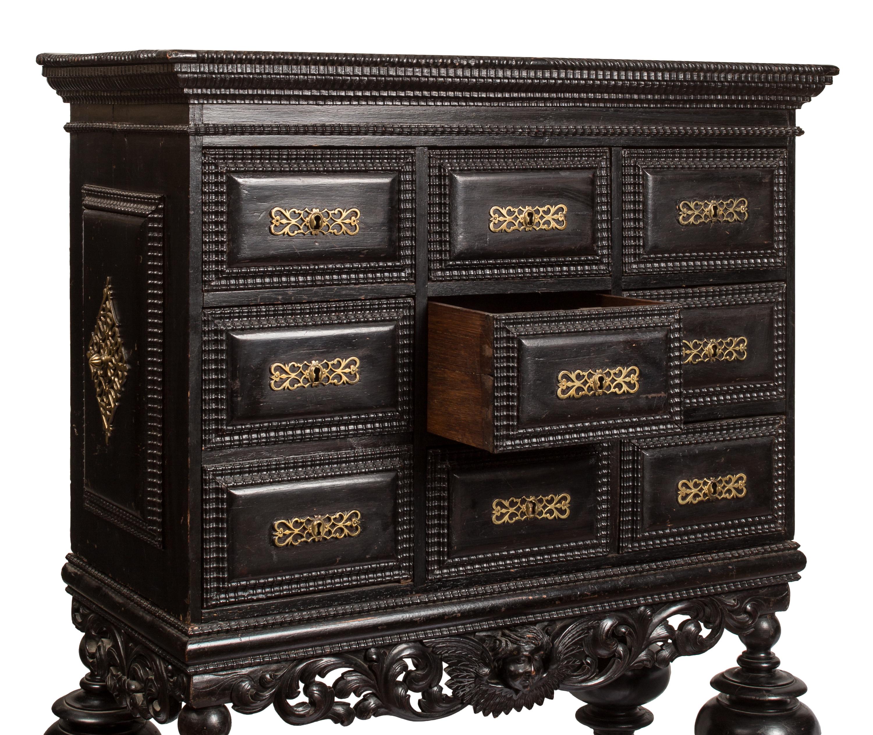 Baroque Black / Ebonized Portuguese 'Contador' Cabinet with Matching Decorative Stand For Sale