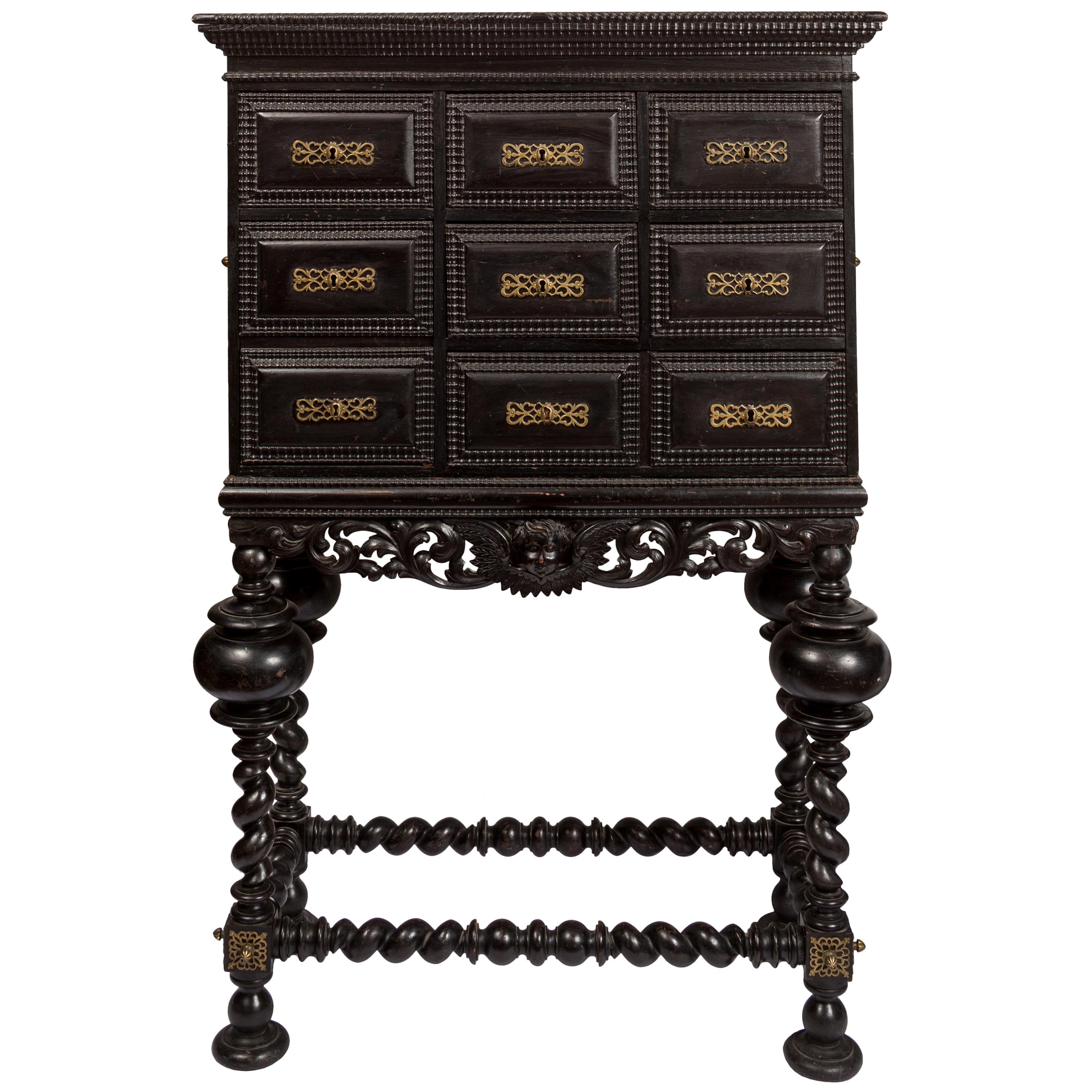 Black / Ebonized Portuguese 'Contador' Cabinet with Matching Decorative Stand For Sale