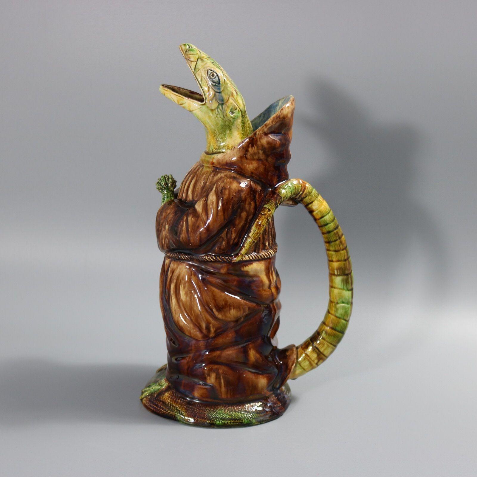 Portugiesischer Monk-Krug aus Majolika mit anthropomorpher Eidechse, Cunha Palissy (Spätes 19. Jahrhundert) im Angebot