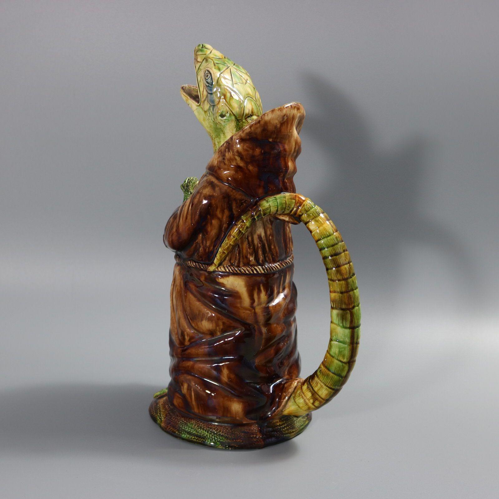 Portugiesischer Monk-Krug aus Majolika mit anthropomorpher Eidechse, Cunha Palissy im Angebot 1