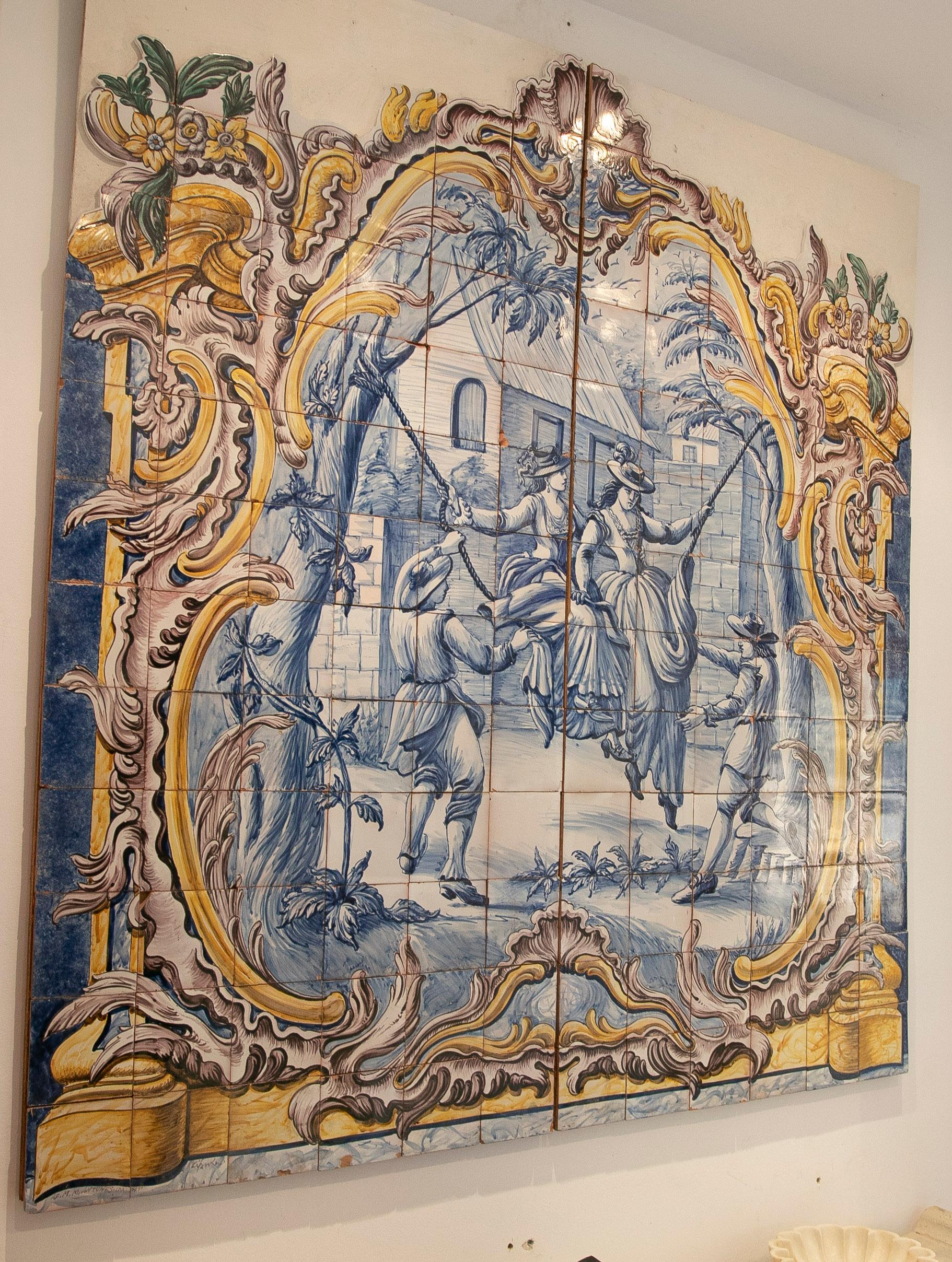 Glazed Portuguese Decorative Tile of a Folkloric Scene of Women Playing on a Swing For Sale