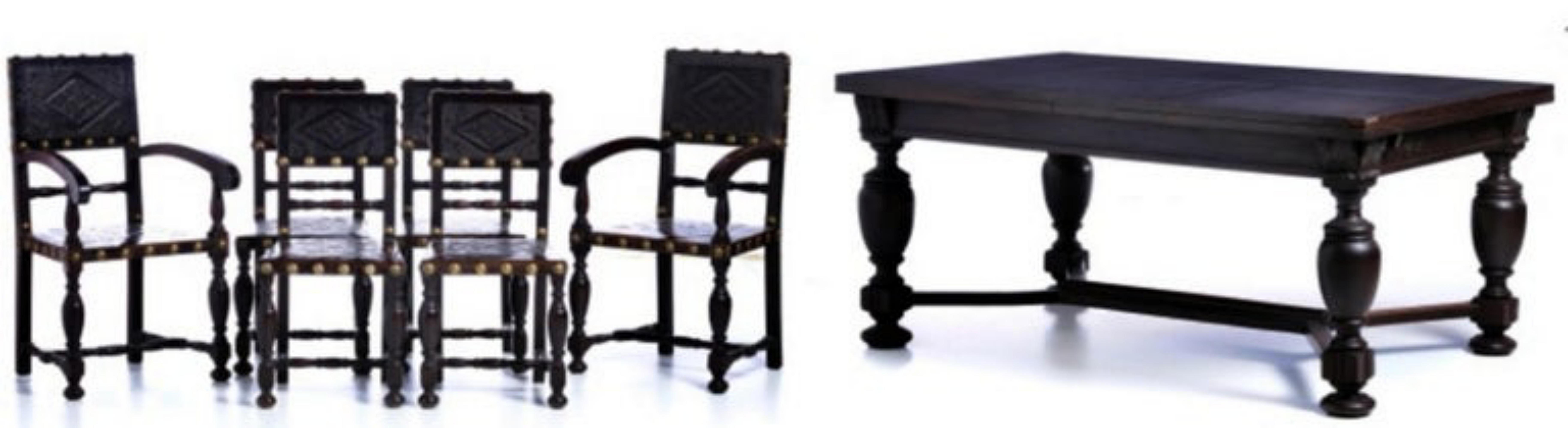 The Furniture Rooms
Portugais, depuis le début du 20ème siècle
en bois de châtaignier, composé de : Vaisselle, deux coins, dix chaises, deux fauteuils et un buffet. Petits défauts. Dim. : (plus grand) 226 x 186 x 55 cm.
Très bon état.