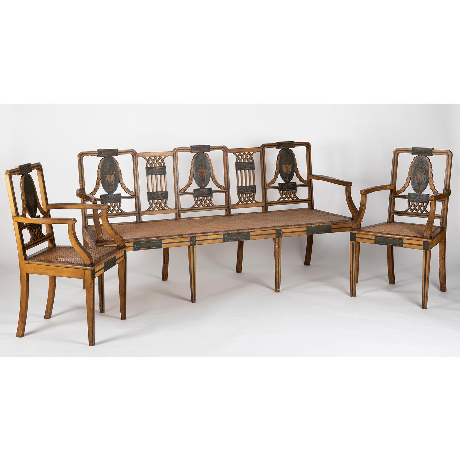 This Dona Maria set in painted and carved wood is composed by two armchairs and a canapé . 

It was produced in Portugal in the late 19th century and it has very few restoring work, maintaining its original patina.

The set has its backs fully