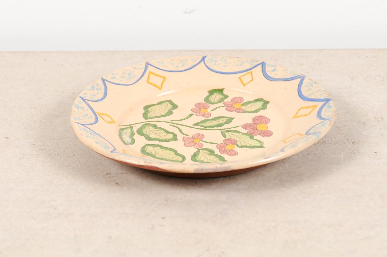 Portuguese Early 20th Century Painted Clay Floral Plate from Sao Pedro do Corval 2