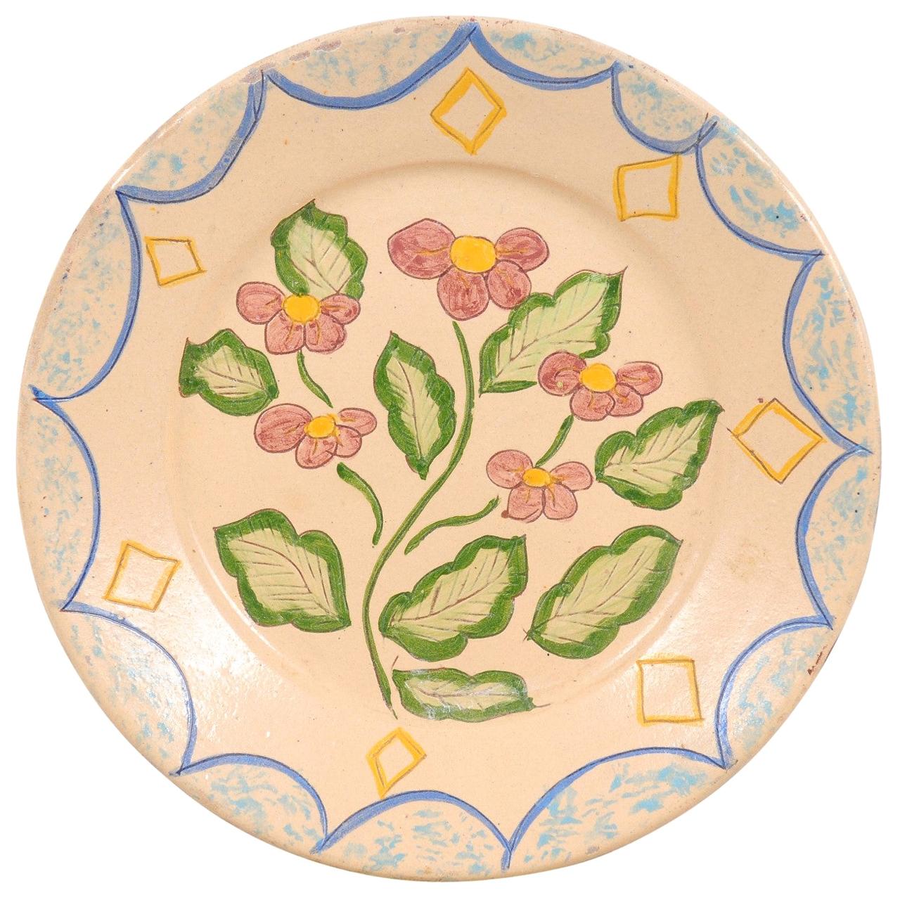 Portuguese Early 20th Century Painted Clay Floral Plate from Sao Pedro do Corval