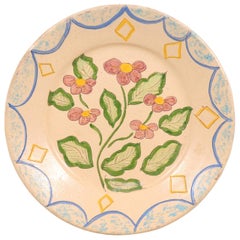 Antique Portuguese Early 20th Century Painted Clay Floral Plate from Sao Pedro do Corval