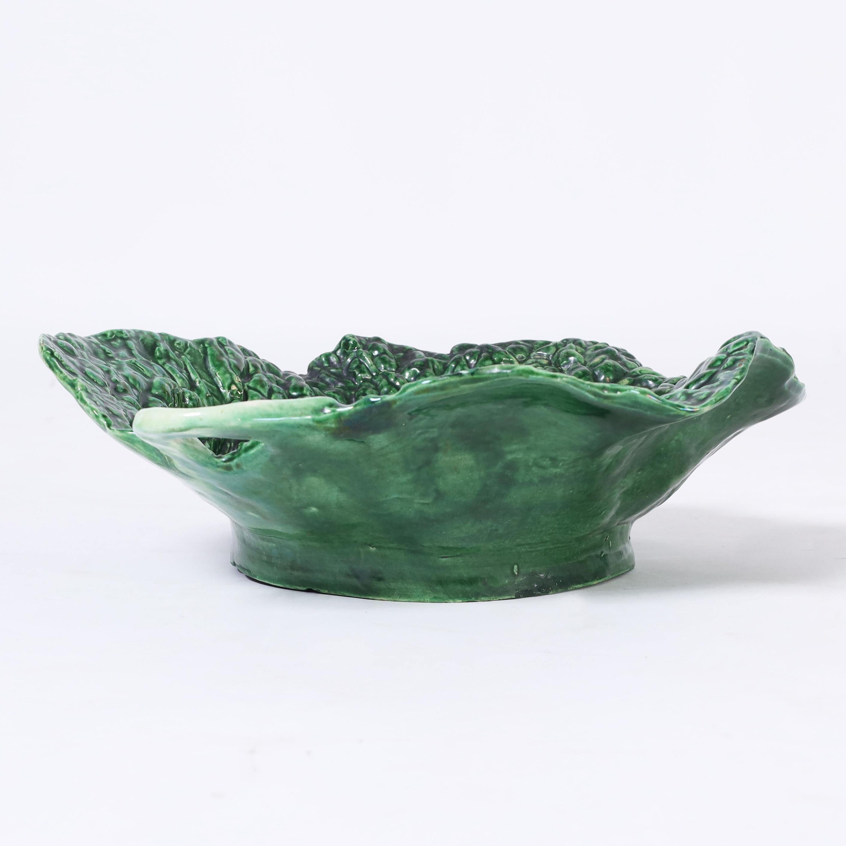 Mid-Century Modern Portuguese Earthenware Cabbage Leaf Bowl For Sale