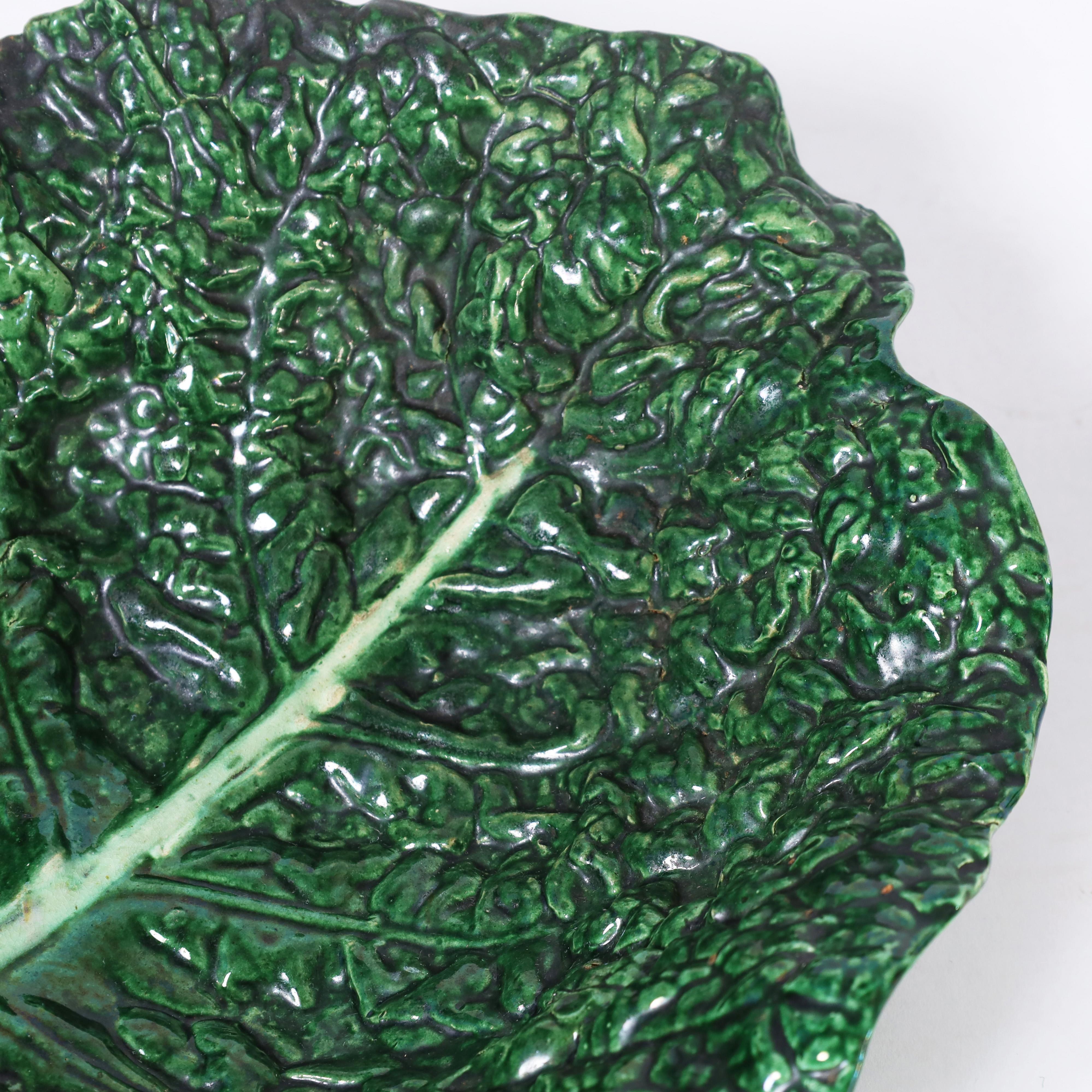 Glazed Portuguese Earthenware Cabbage Leaf Bowl For Sale