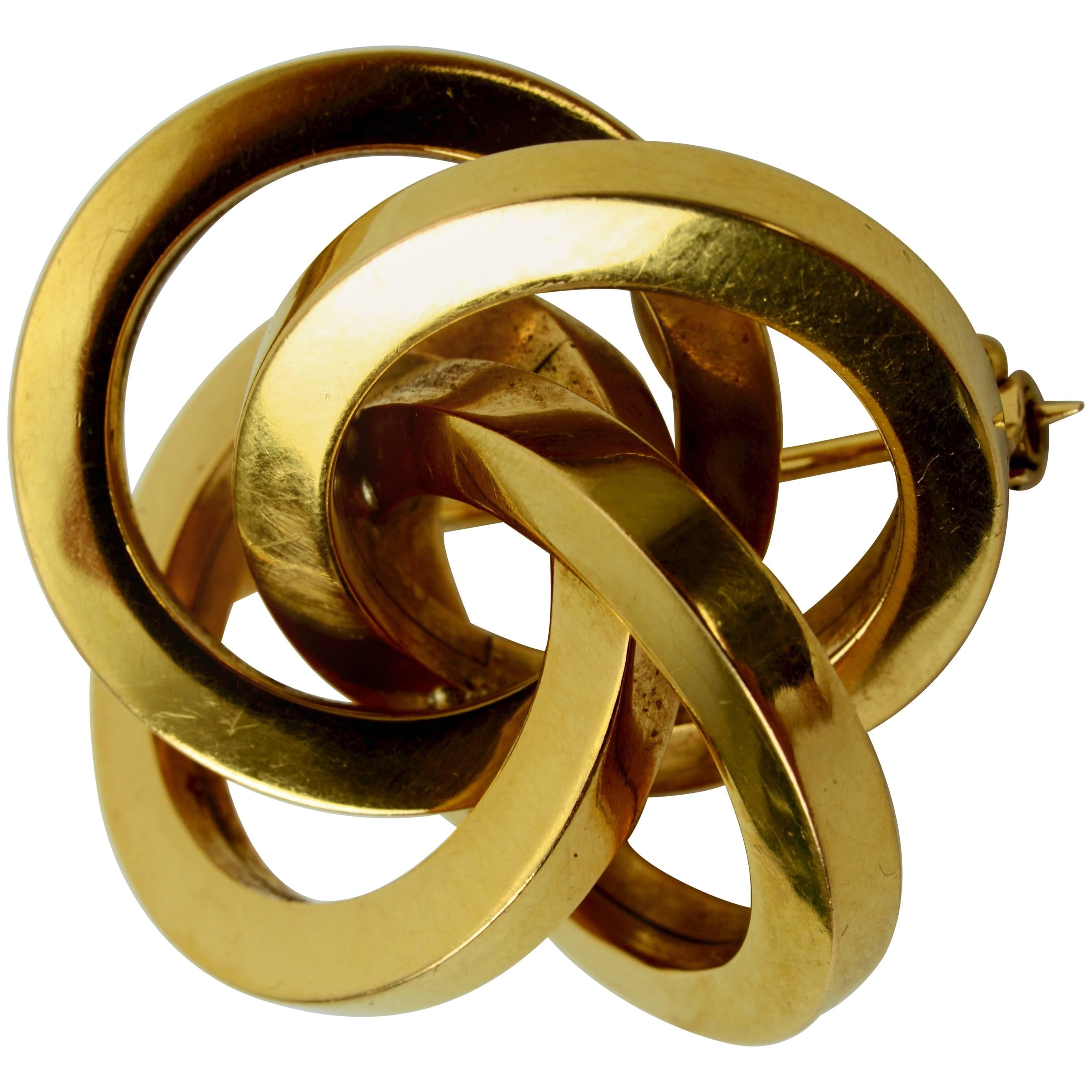 Portuguese Elaborate Lover's Knot Pin, Mid-20th Century, 19.2 Karat Gold