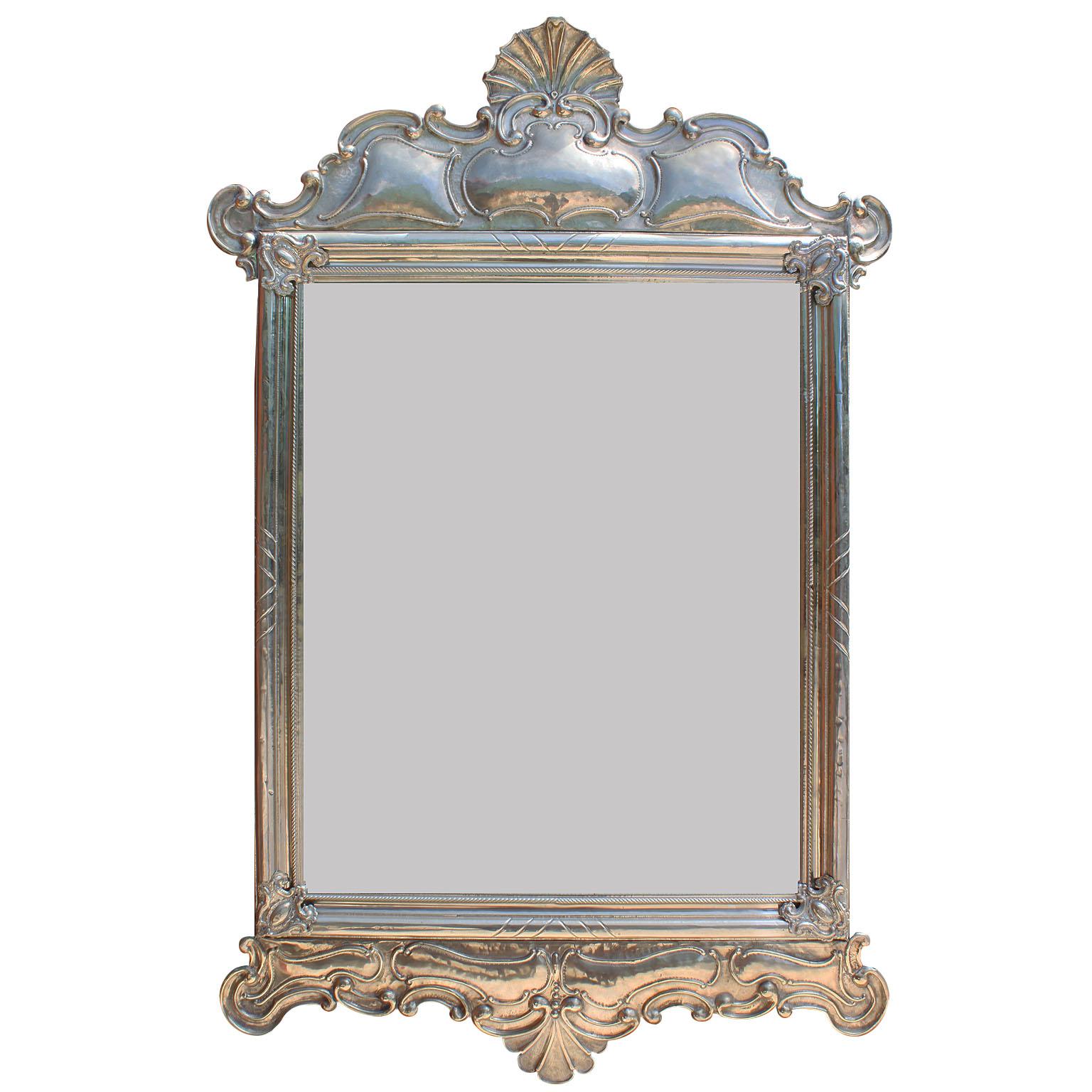 Portuguese Embossed Alpaca Silver Mirror Frame with a Seashell & Peacock Design