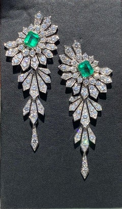 Art Deco Style Emeralds and Diamonds 8 Carat Double Earrings
